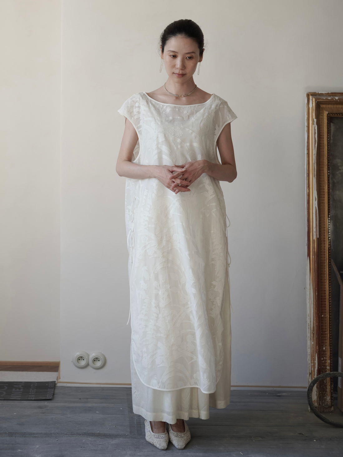 Washi Print Sleeveless Sheer Dress・White