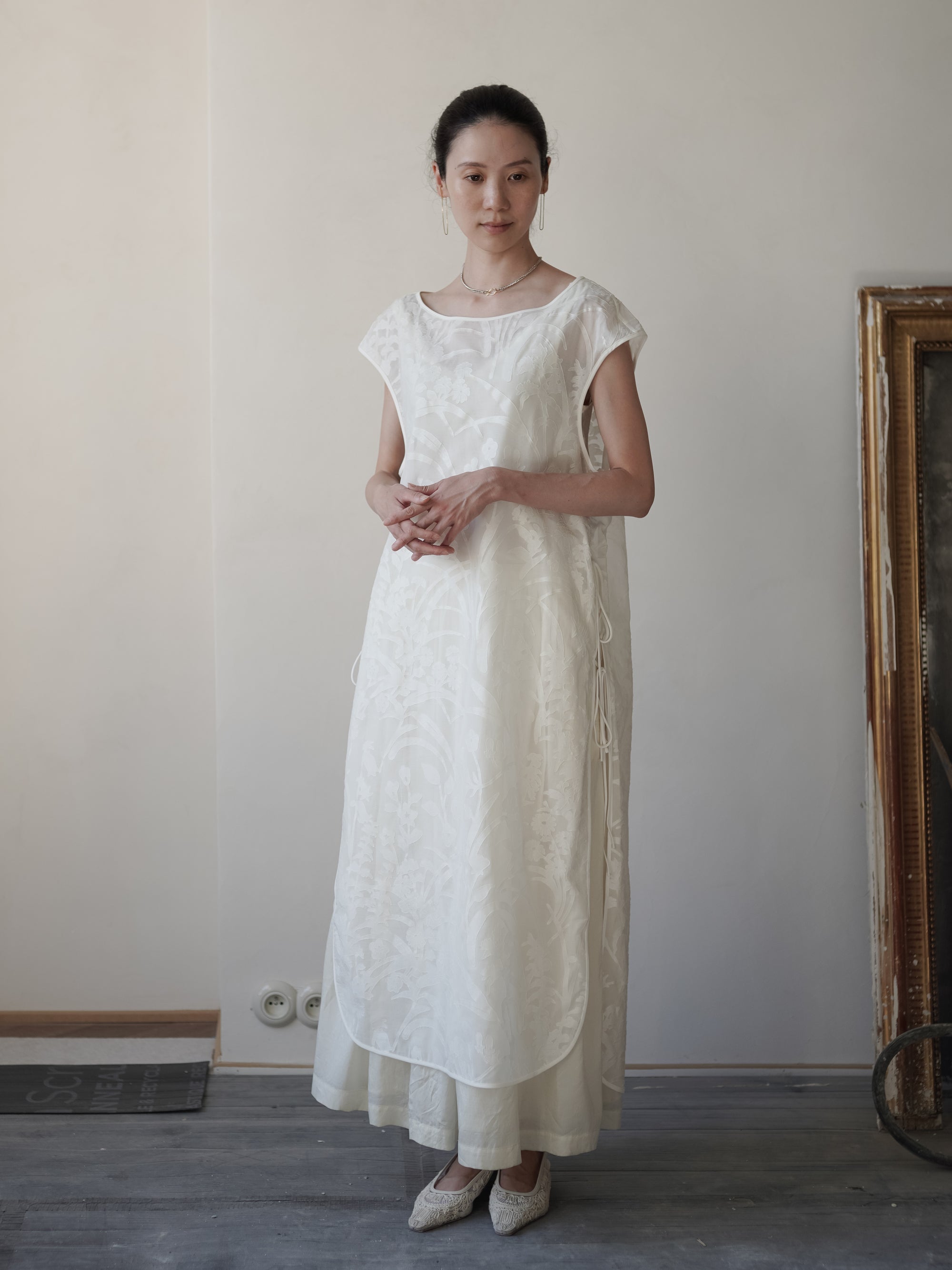Washi Print Sleeveless Sheer Dress・White