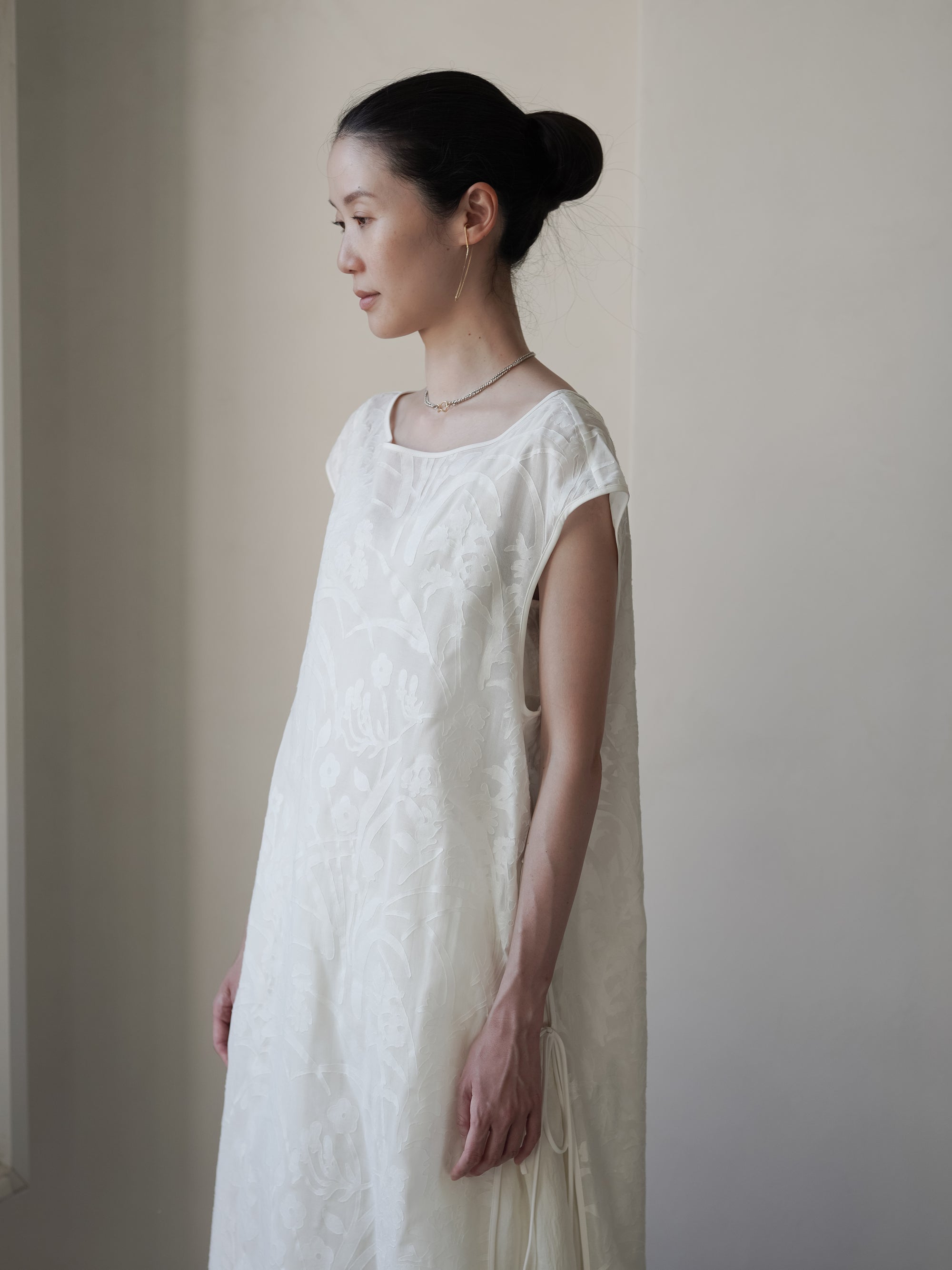 Washi Print Sleeveless Sheer Dress・White