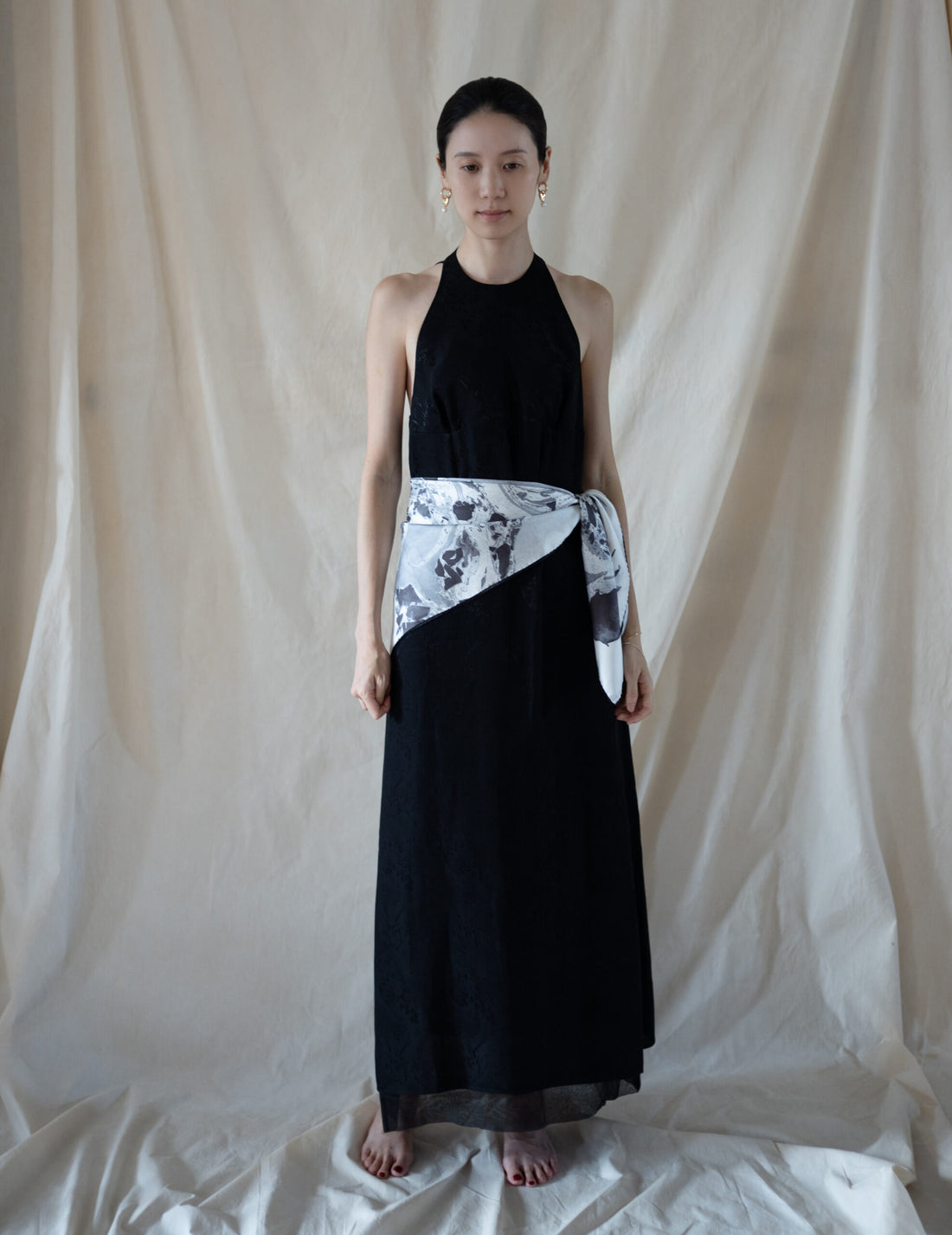 Hand Printed Silk Scarf・Grey