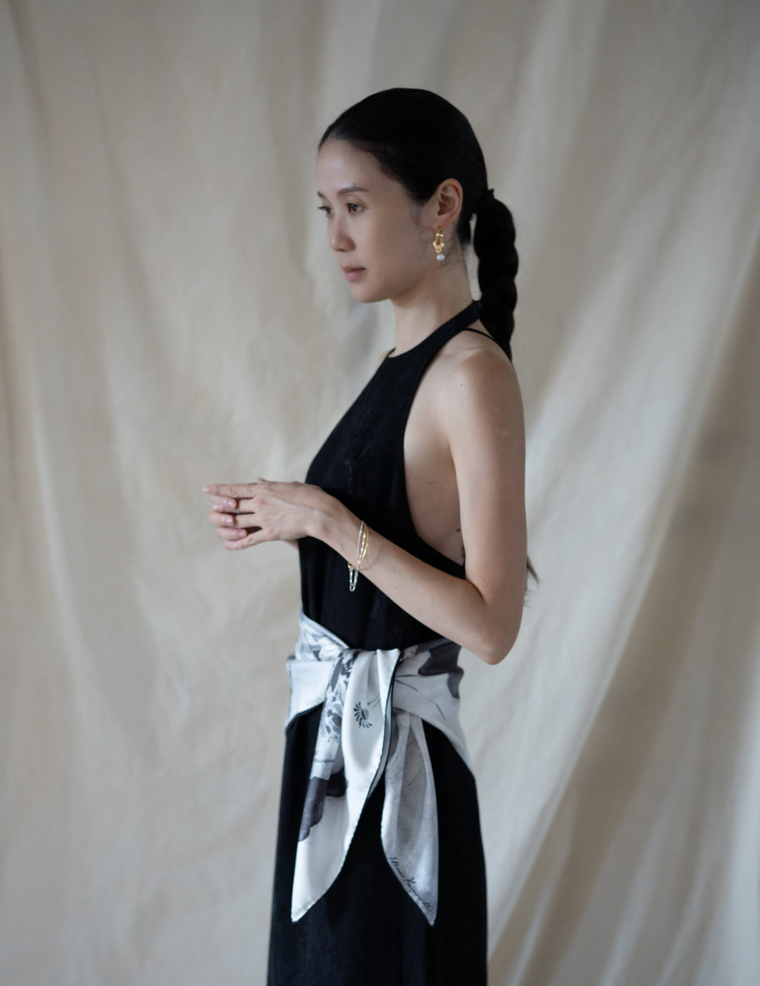 Hand Printed Silk Scarf・Grey