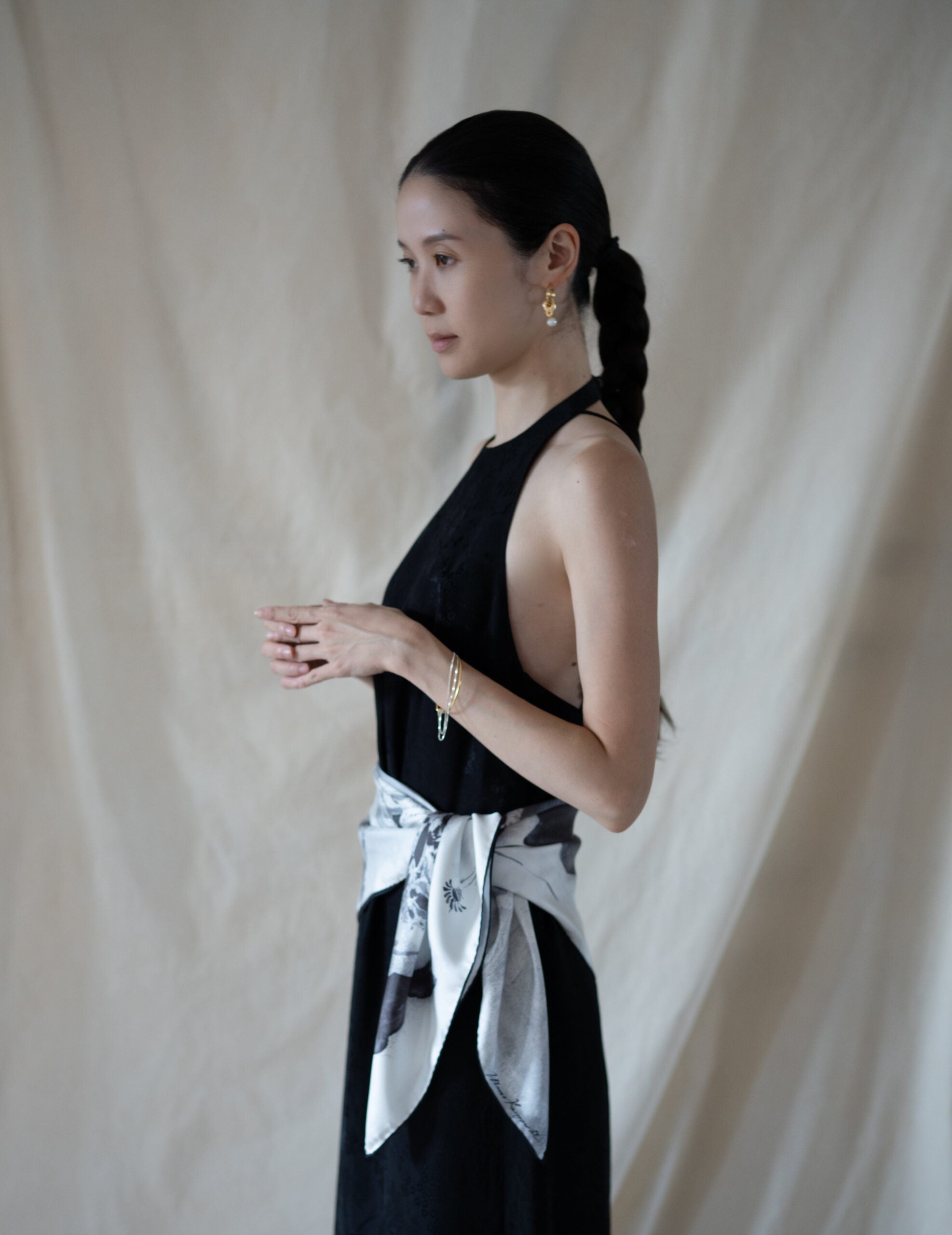 Hand Printed Silk Scarf・Grey