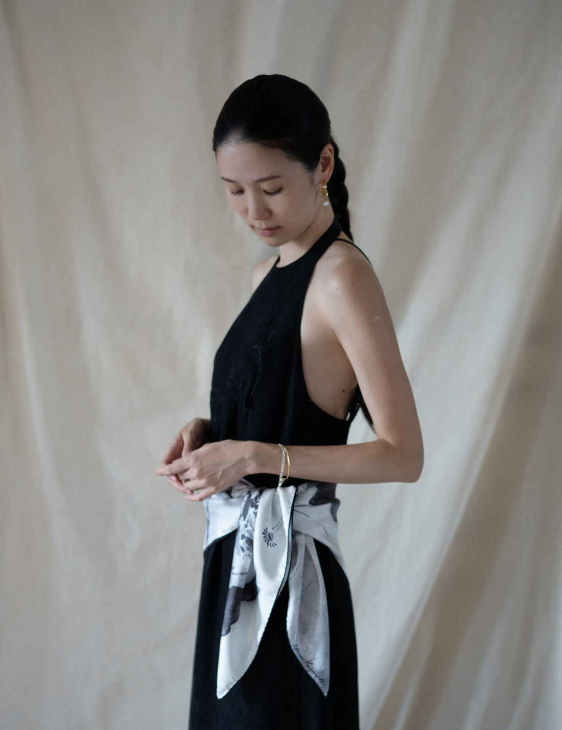 Hand Printed Silk Scarf・Grey