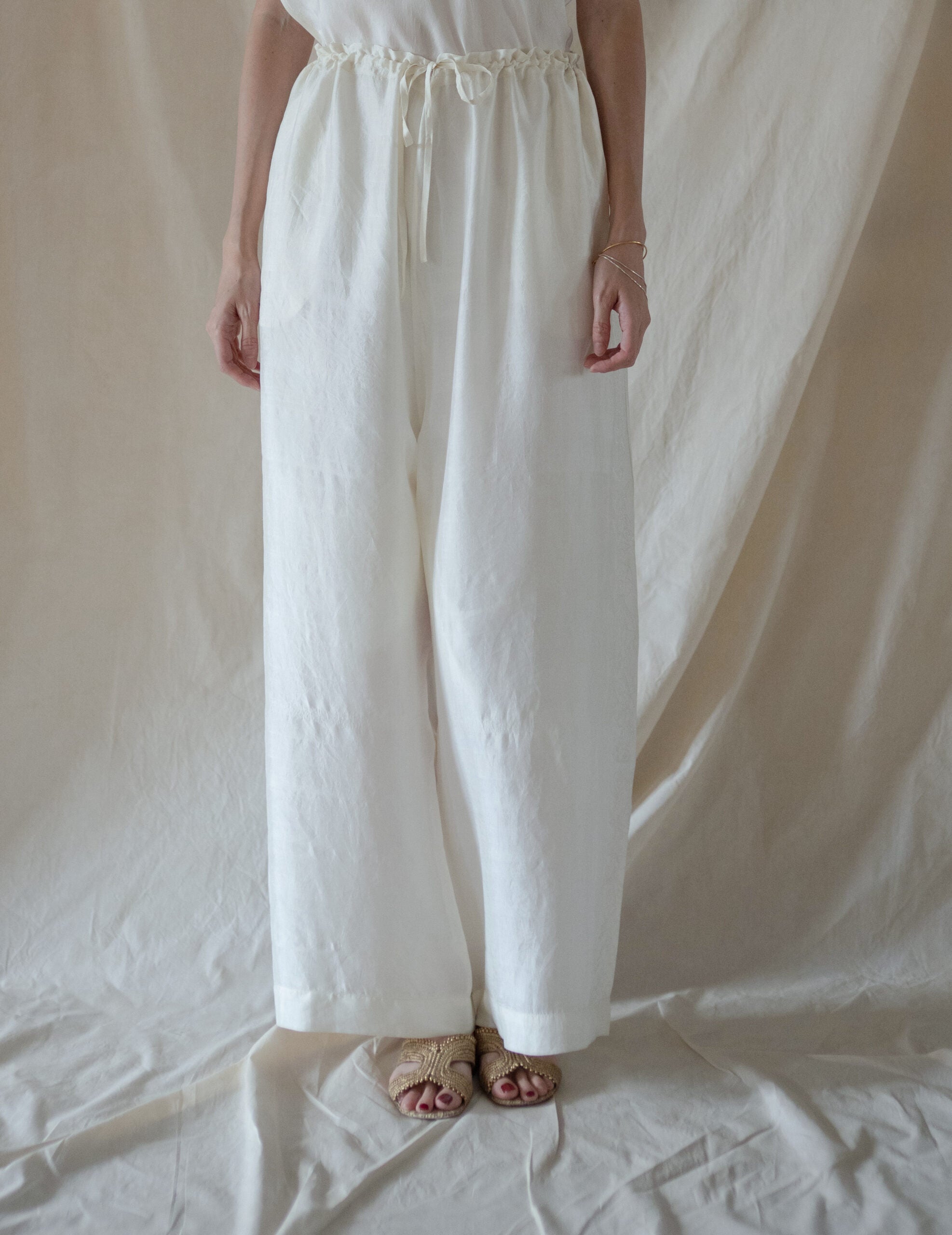 Brando 花卉刺繡真絲長褲・象牙白