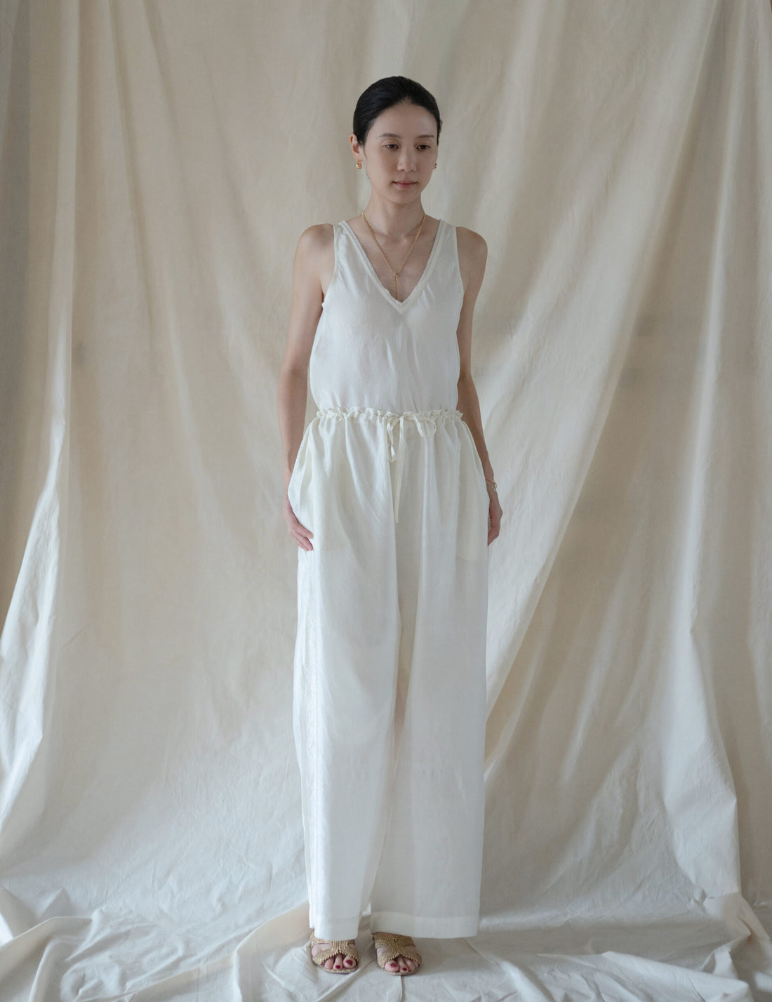 Brando 花卉刺繡真絲長褲・象牙白