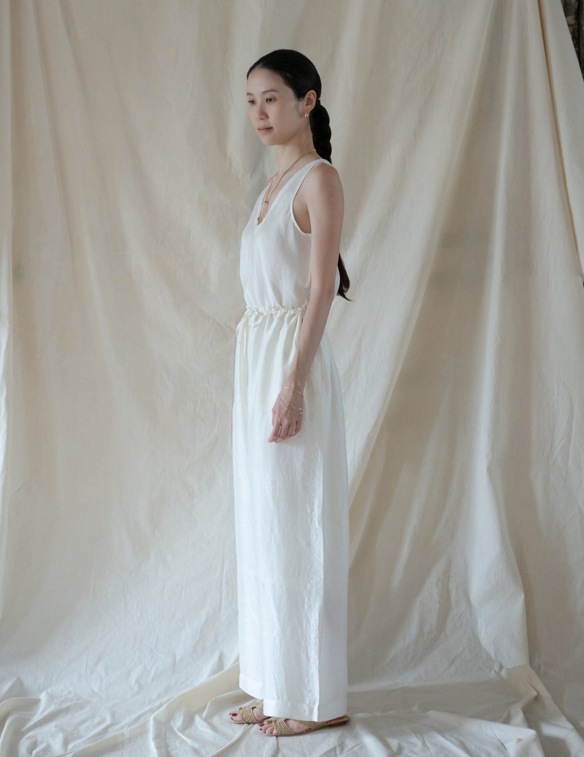 Brando 花卉刺繡真絲長褲・象牙白