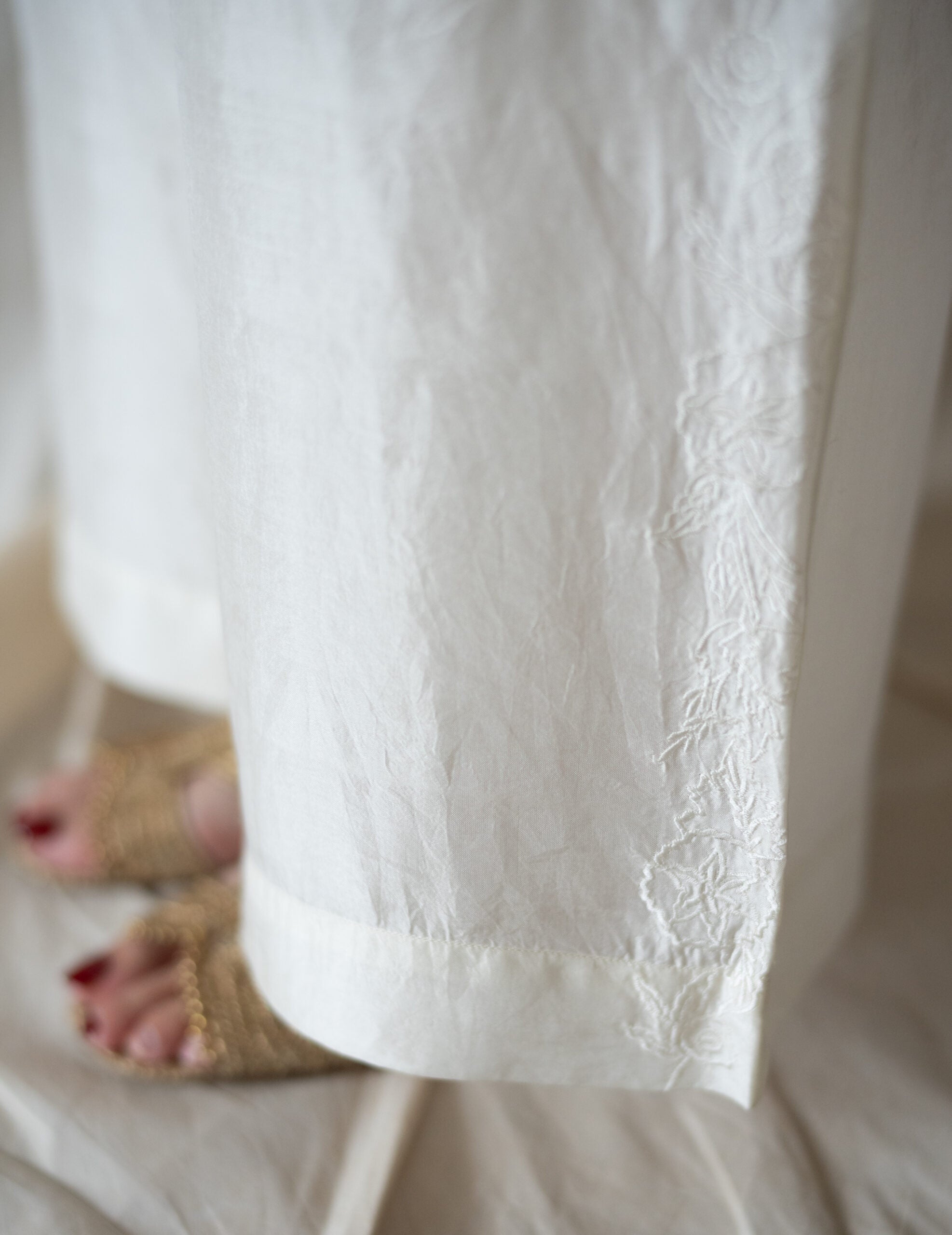 Brando 花卉刺繡真絲長褲・象牙白