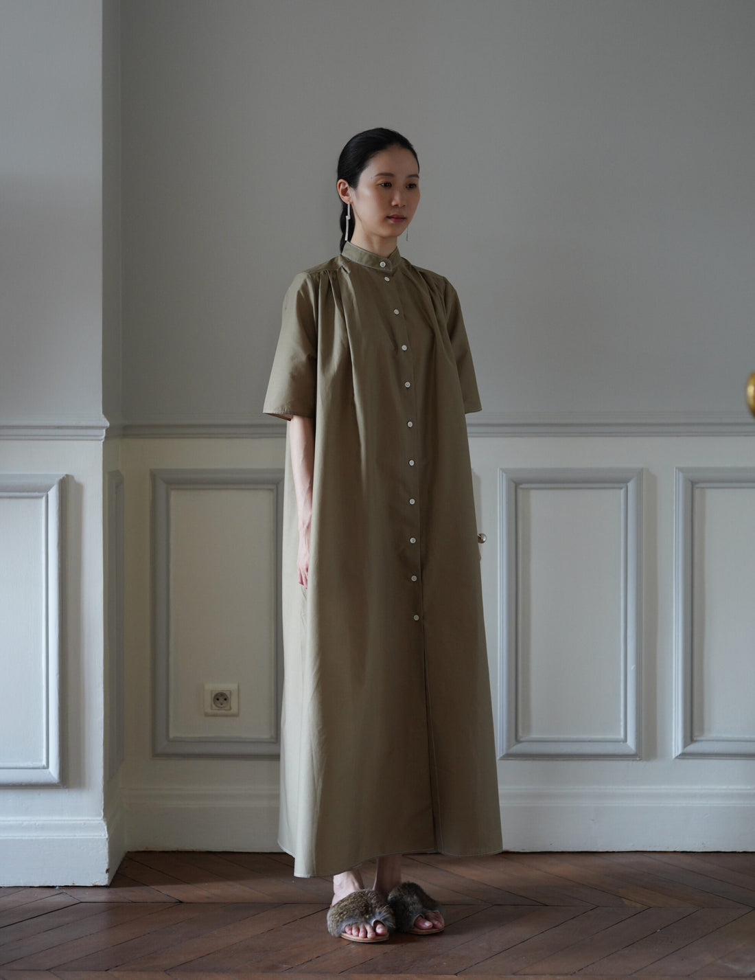 khaki cotton dress Sage Maxi A khaki green asymmetric maxi with V Light Khaki Cotton Poplin Shirred