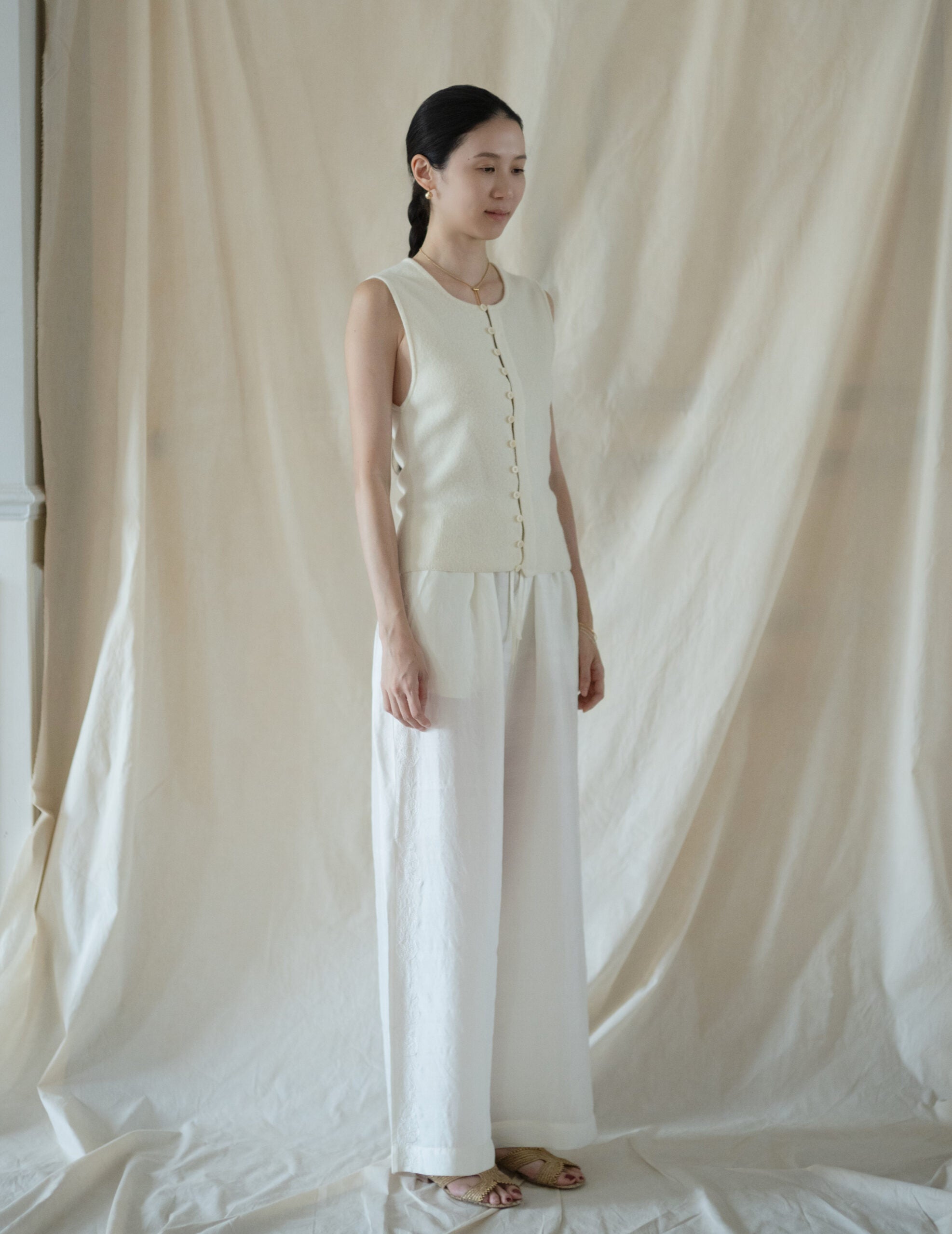 Brando 花卉刺繡真絲長褲・象牙白