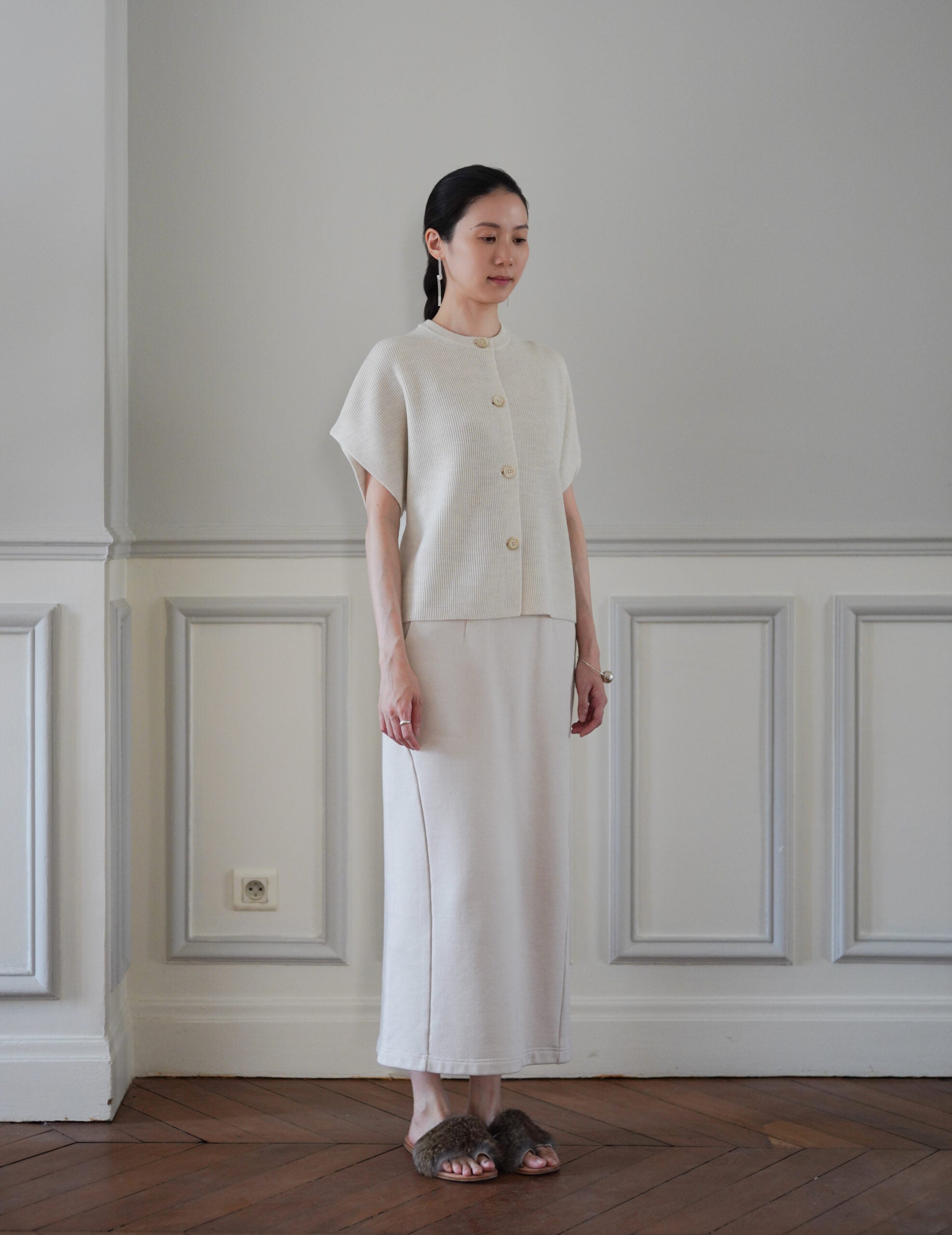 Thilda Merino Wool Short-Sleeve Cardigan・Stone