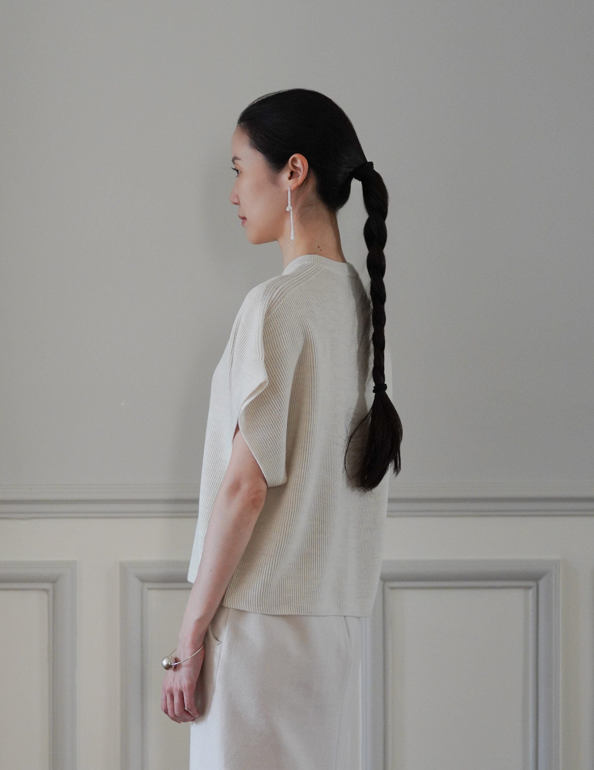 Thilda Merino Wool Short-Sleeve Cardigan・Stone