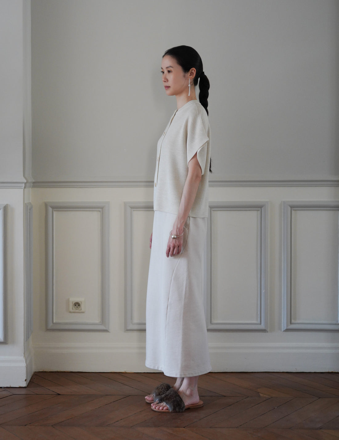 Thilda 美麗諾羊毛短袖開襟衫・象牙色
