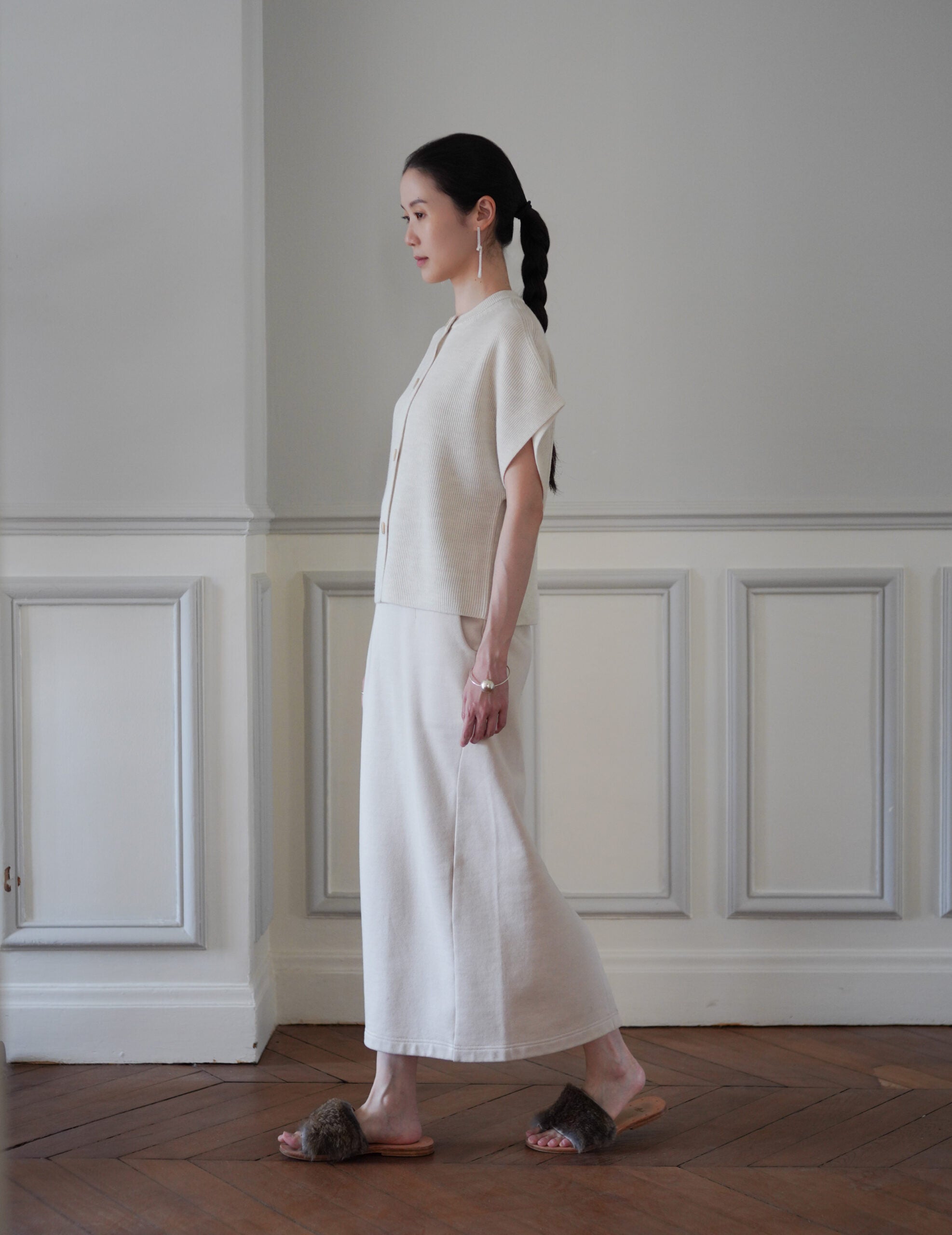 Thilda Merino Wool Short-Sleeve Cardigan・Stone