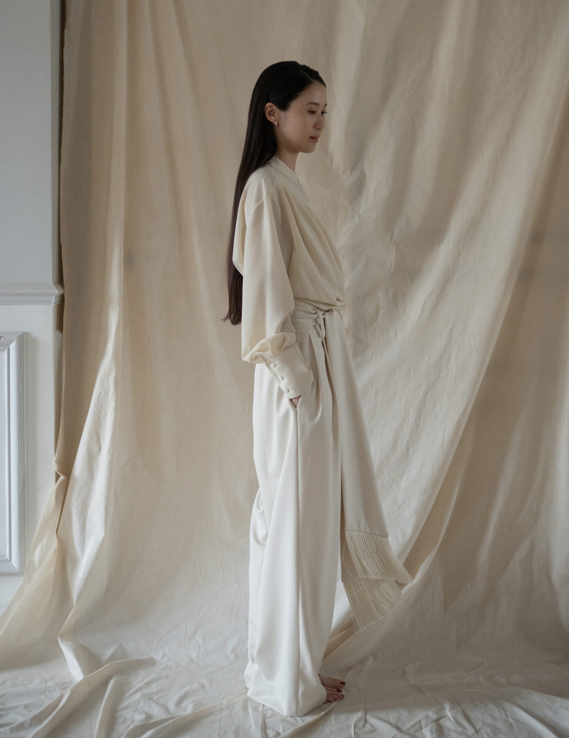 Bahroma Silk Fringe Wrap Pants・Ivory