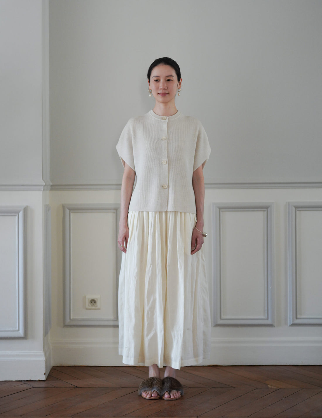 Thilda 美麗諾羊毛短袖開襟衫・象牙色