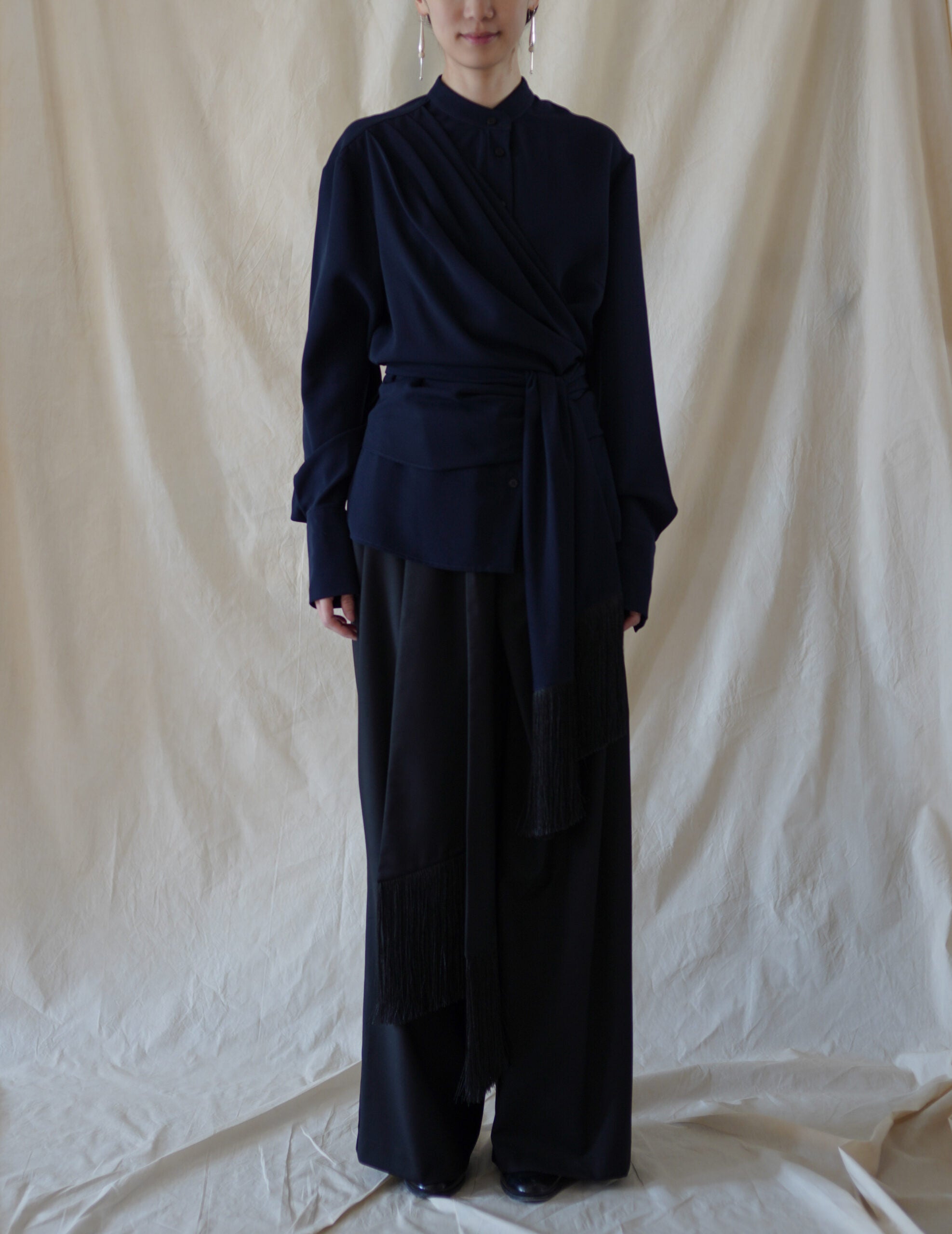 Bahroma Silk Fringe Wrap Pants・Navy