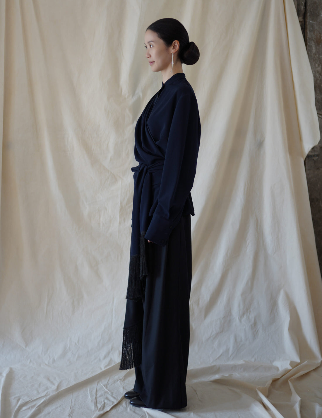 Bahroma Silk Fringe Wrap Pants・Navy