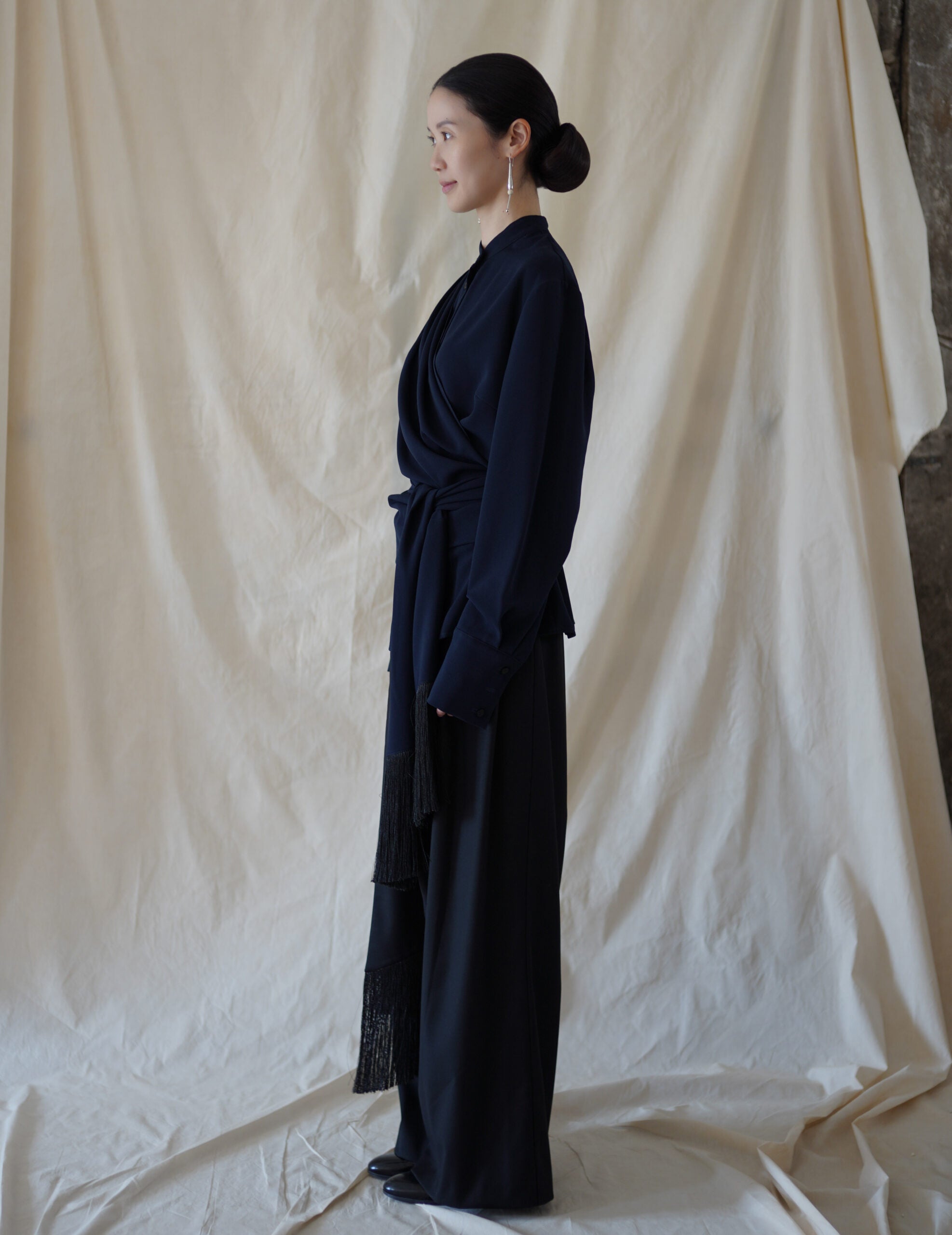 Bahroma Silk Fringe Wrap Pants・Navy