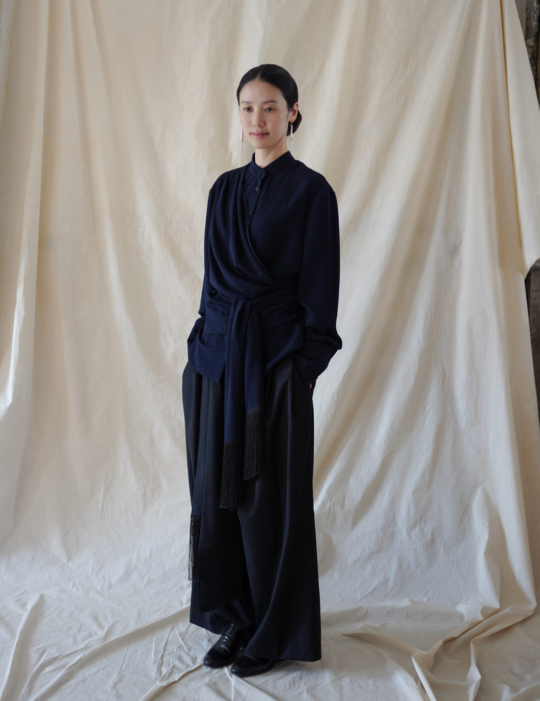 Bahroma Silk Fringe Wrap Pants・Navy
