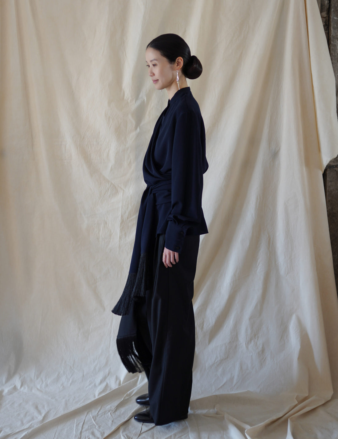 Bahroma Silk Fringe Wrap Pants・Navy