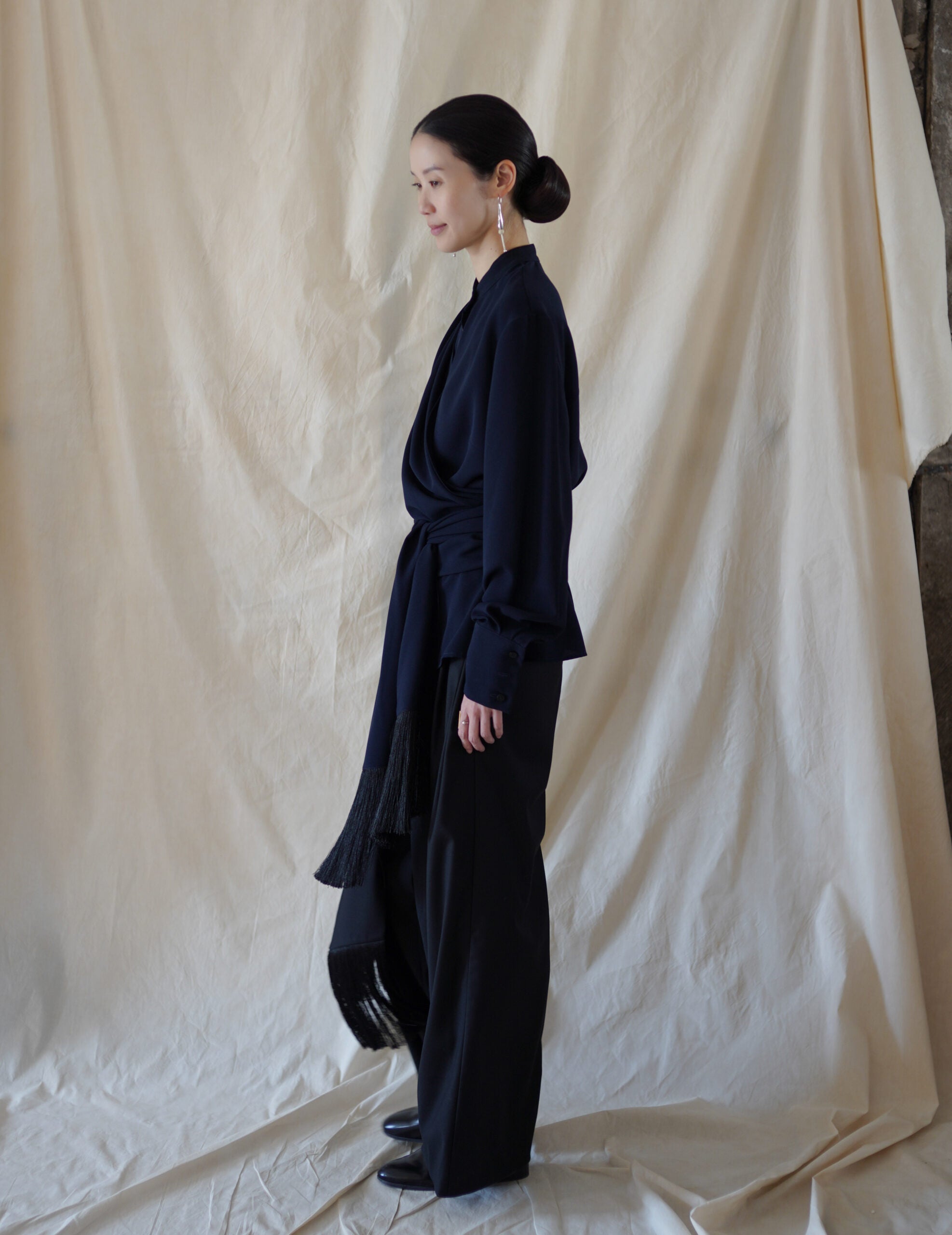 Bahroma Silk Fringe Wrap Pants・Navy