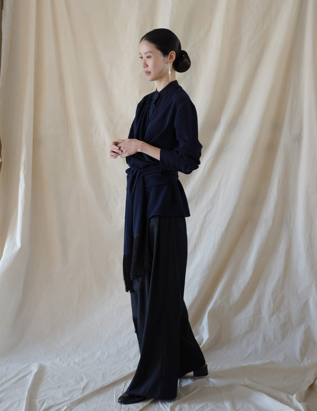 Bahroma Silk Fringe Wrap Pants・Navy
