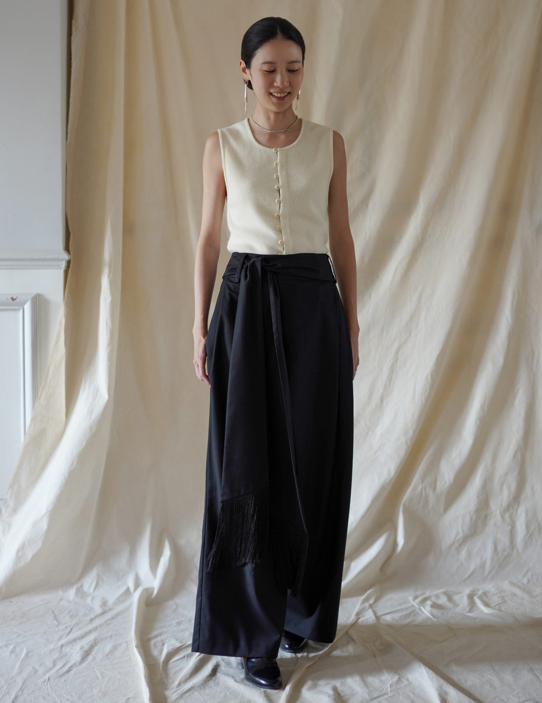 Bahroma Silk Fringe Wrap Pants・Navy