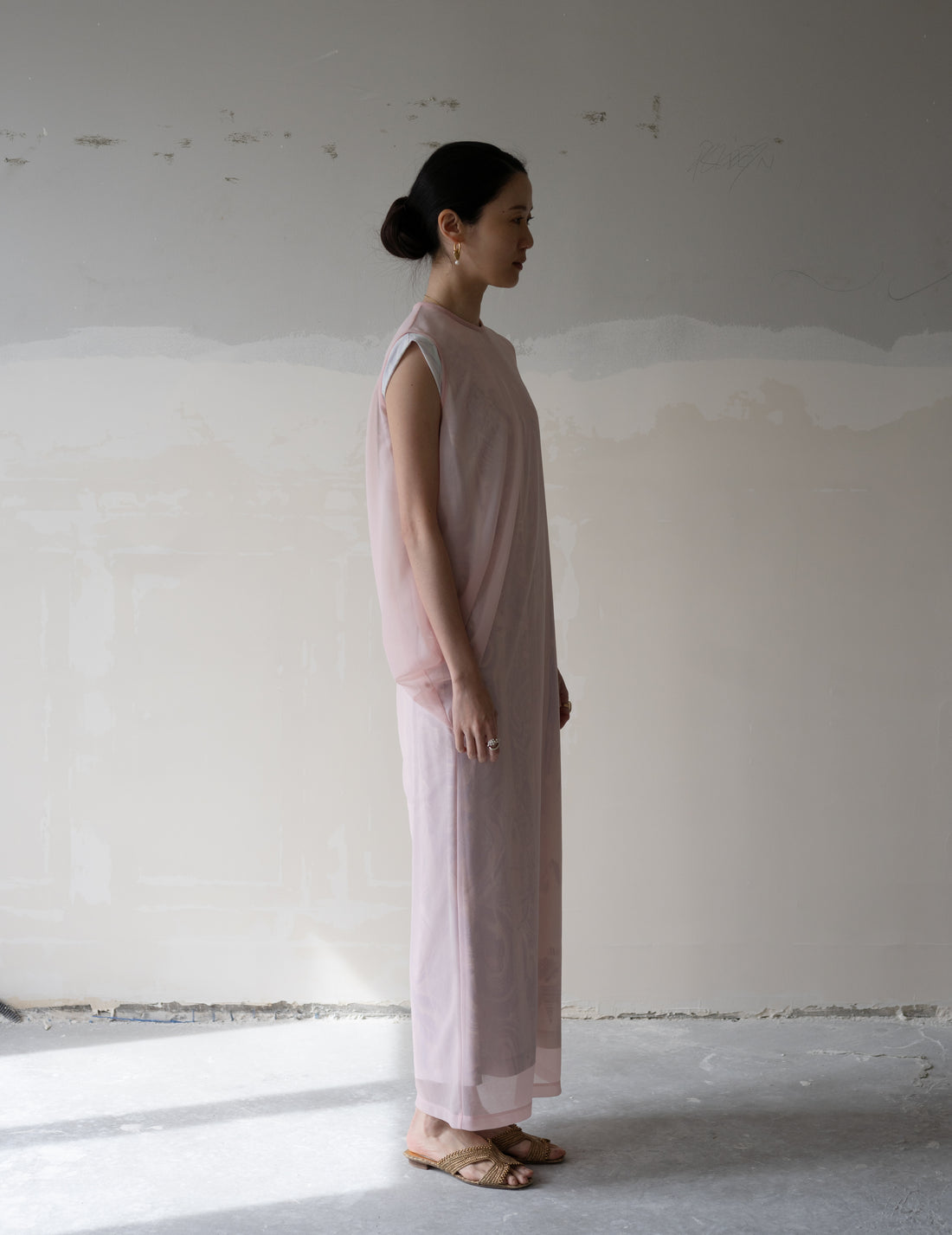 Draped Jersey Sheer Dress・Pink