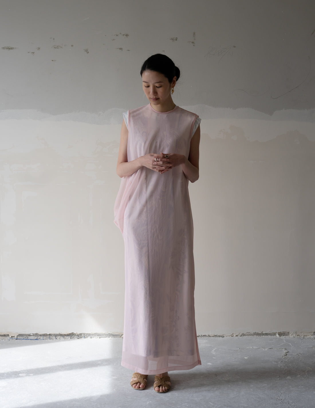 Draped Jersey Sheer Dress・Pink