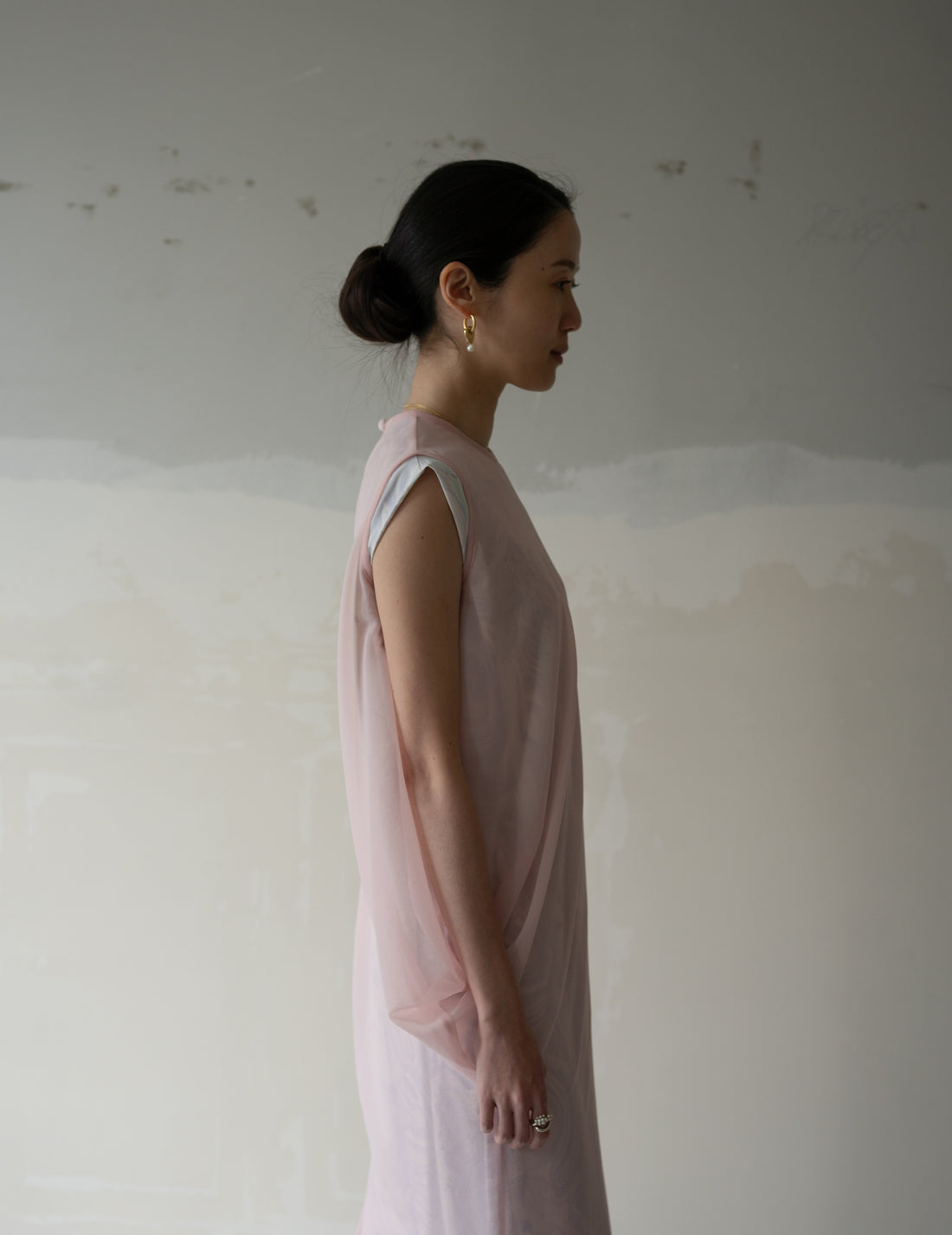 Draped Jersey Sheer Dress・Pink