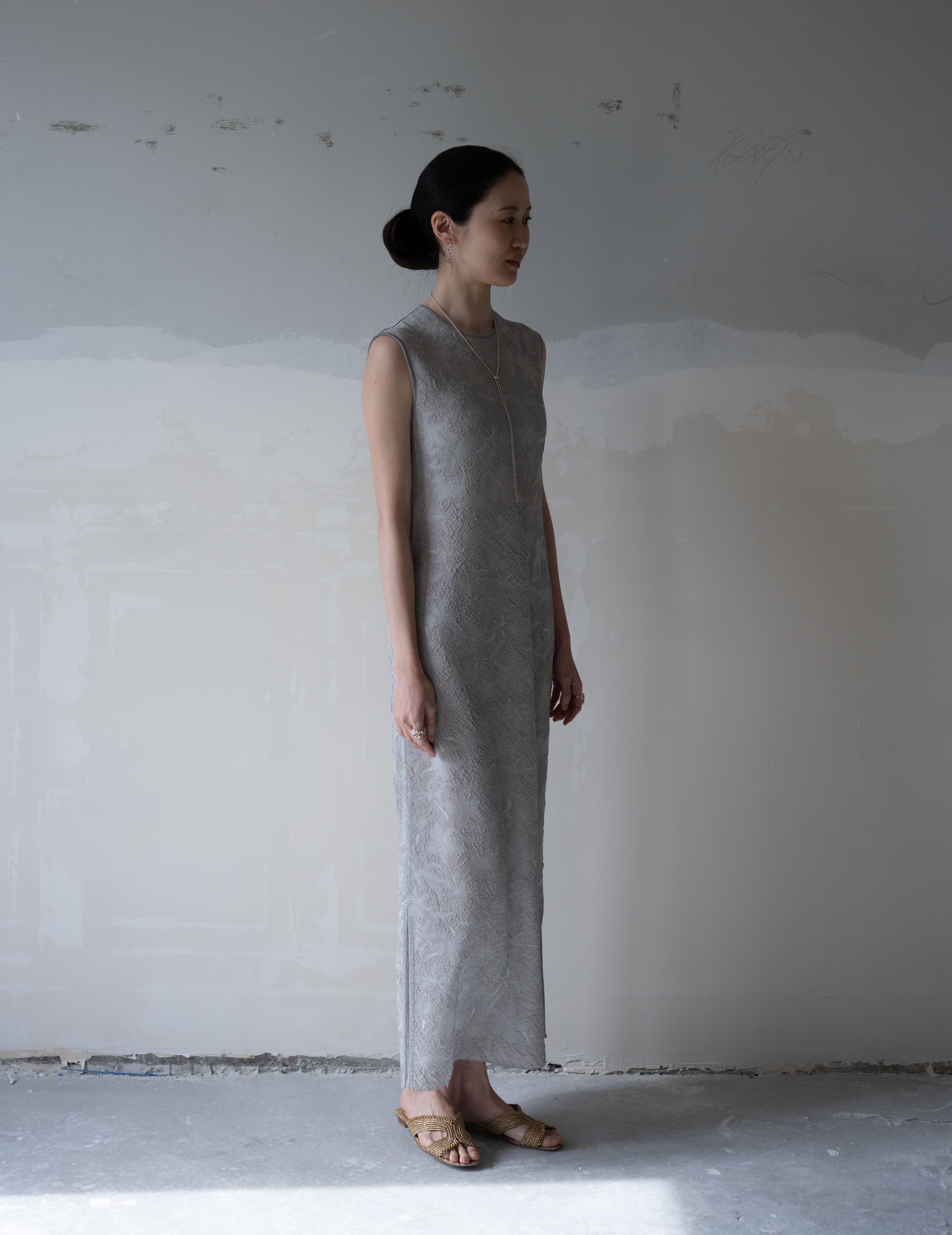 花卉提花透膚針織連身裙・灰