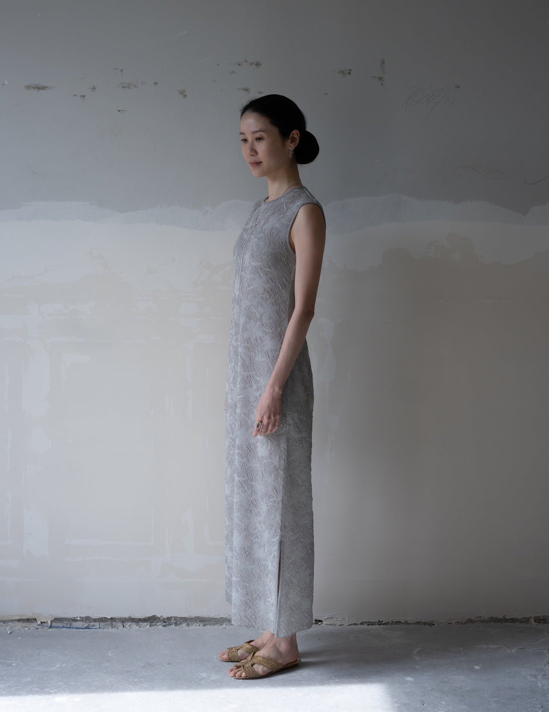 Floral Jacquard Sheer Knit Dress・Grey