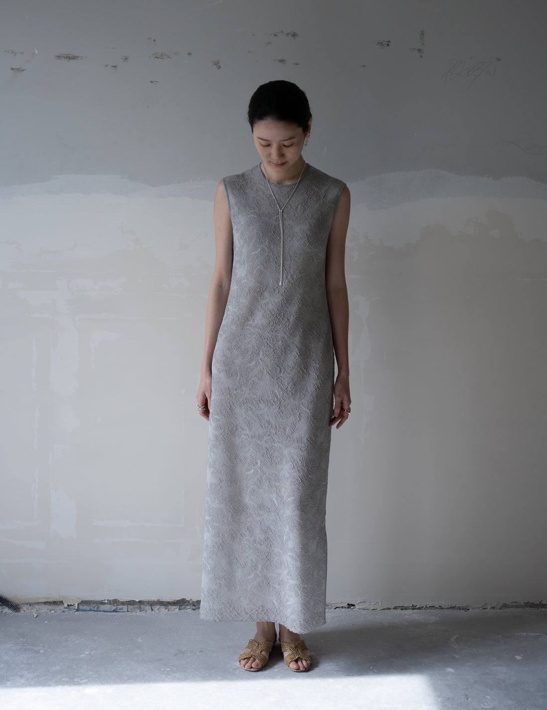 Floral Jacquard Sheer Knit Dress・Grey