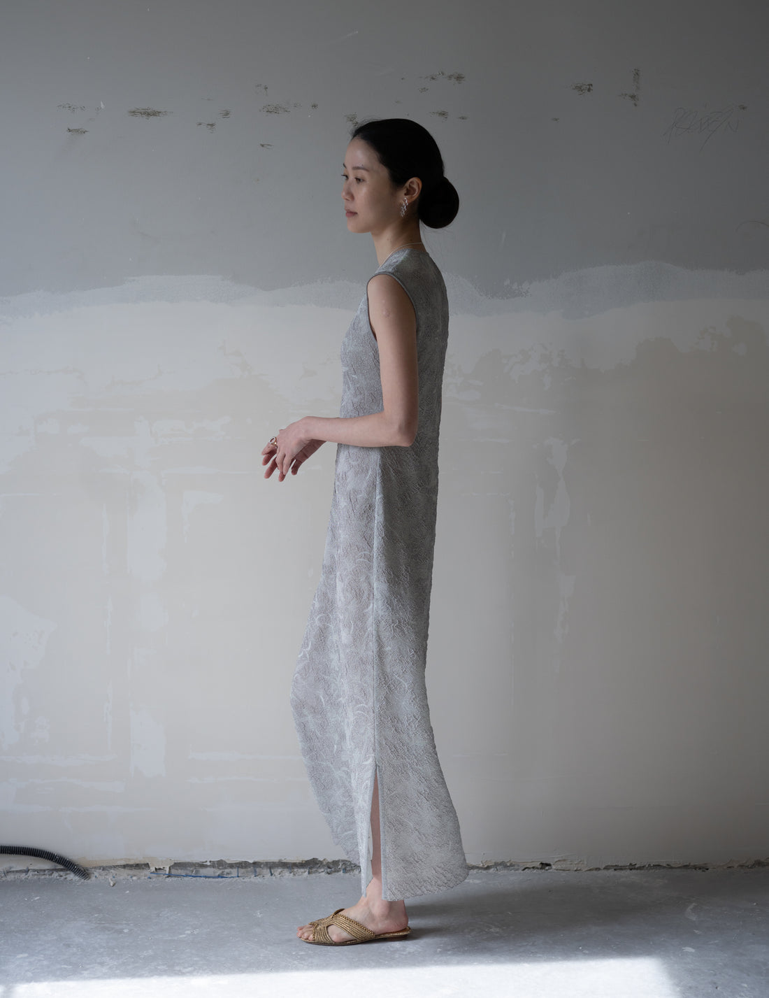 Floral Jacquard Sheer Knit Dress・Grey