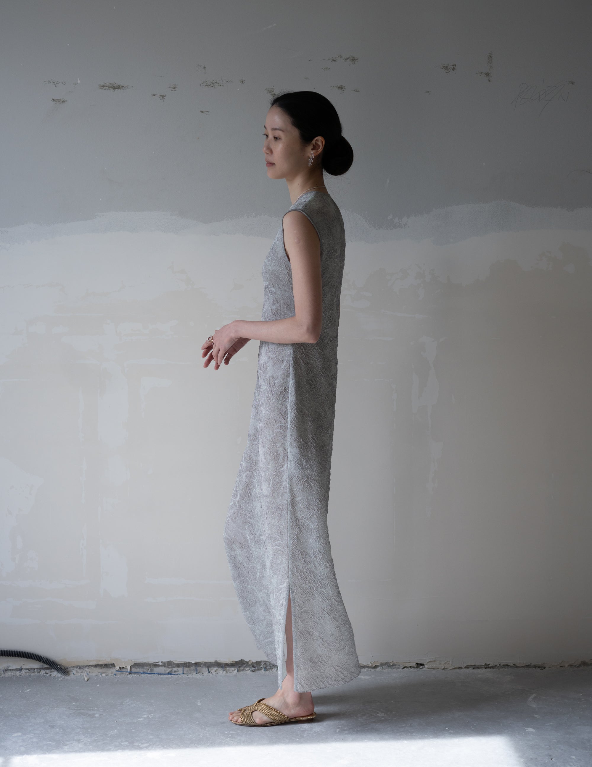 花卉提花透膚針織連身裙・灰