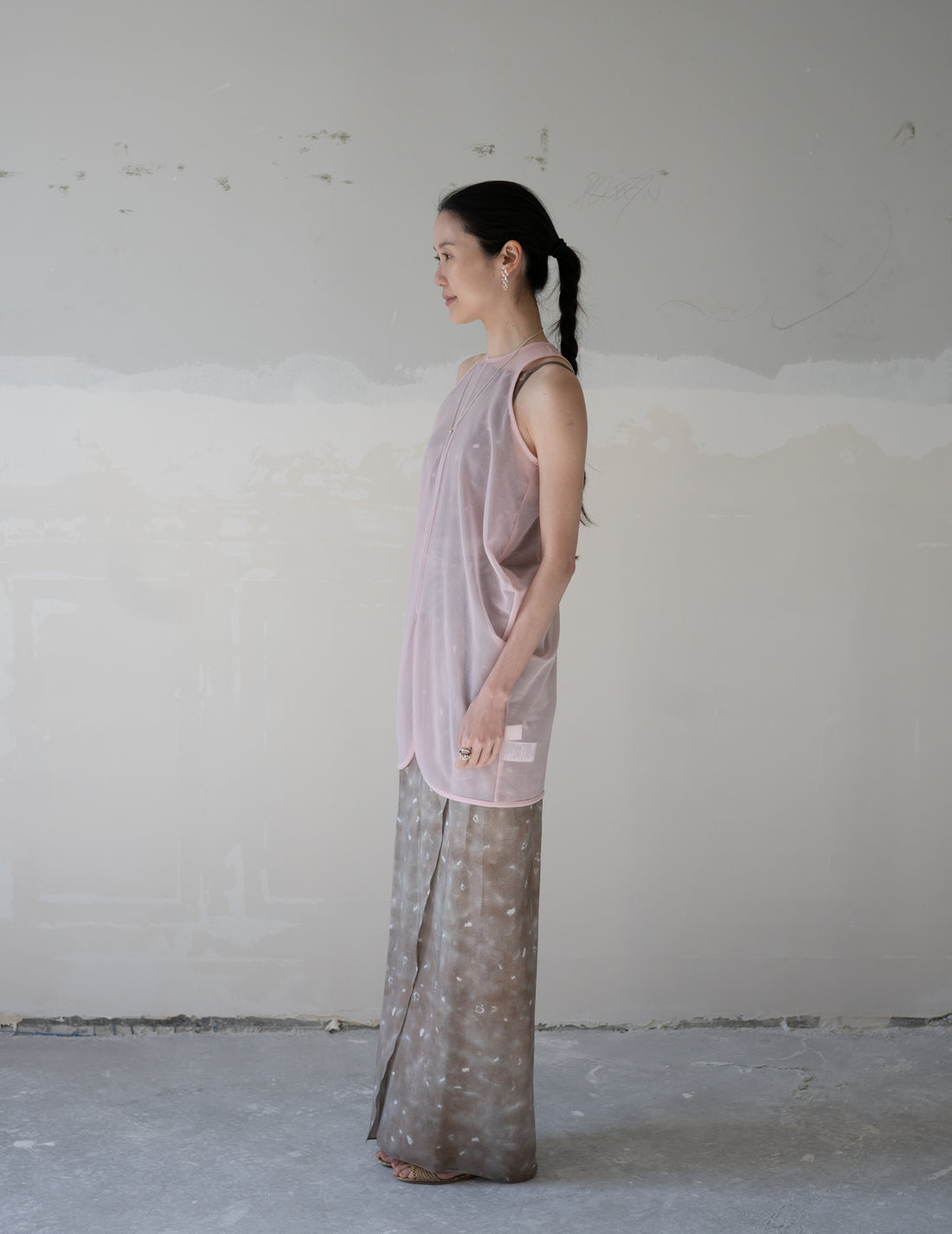 Draped Jersey Sheer Sleeveless Top・Pink