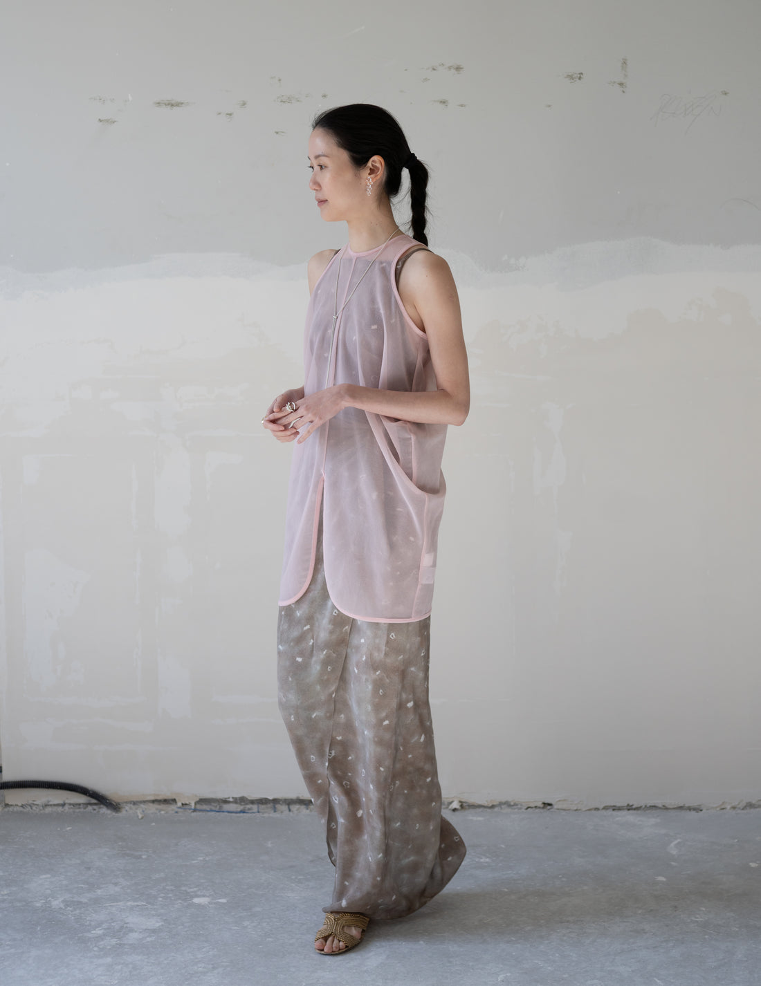 Draped Jersey Sheer Sleeveless Top・Pink