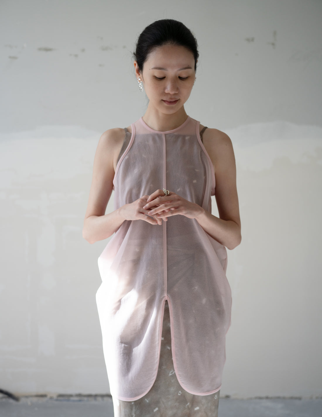 Draped Jersey Sheer Sleeveless Top・Pink