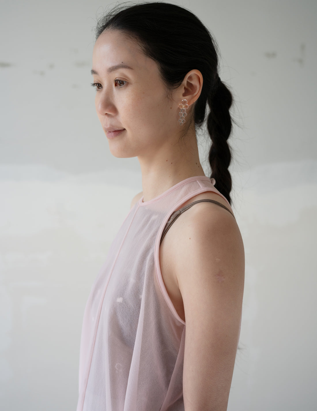 Draped Jersey Sheer Sleeveless Top・Pink