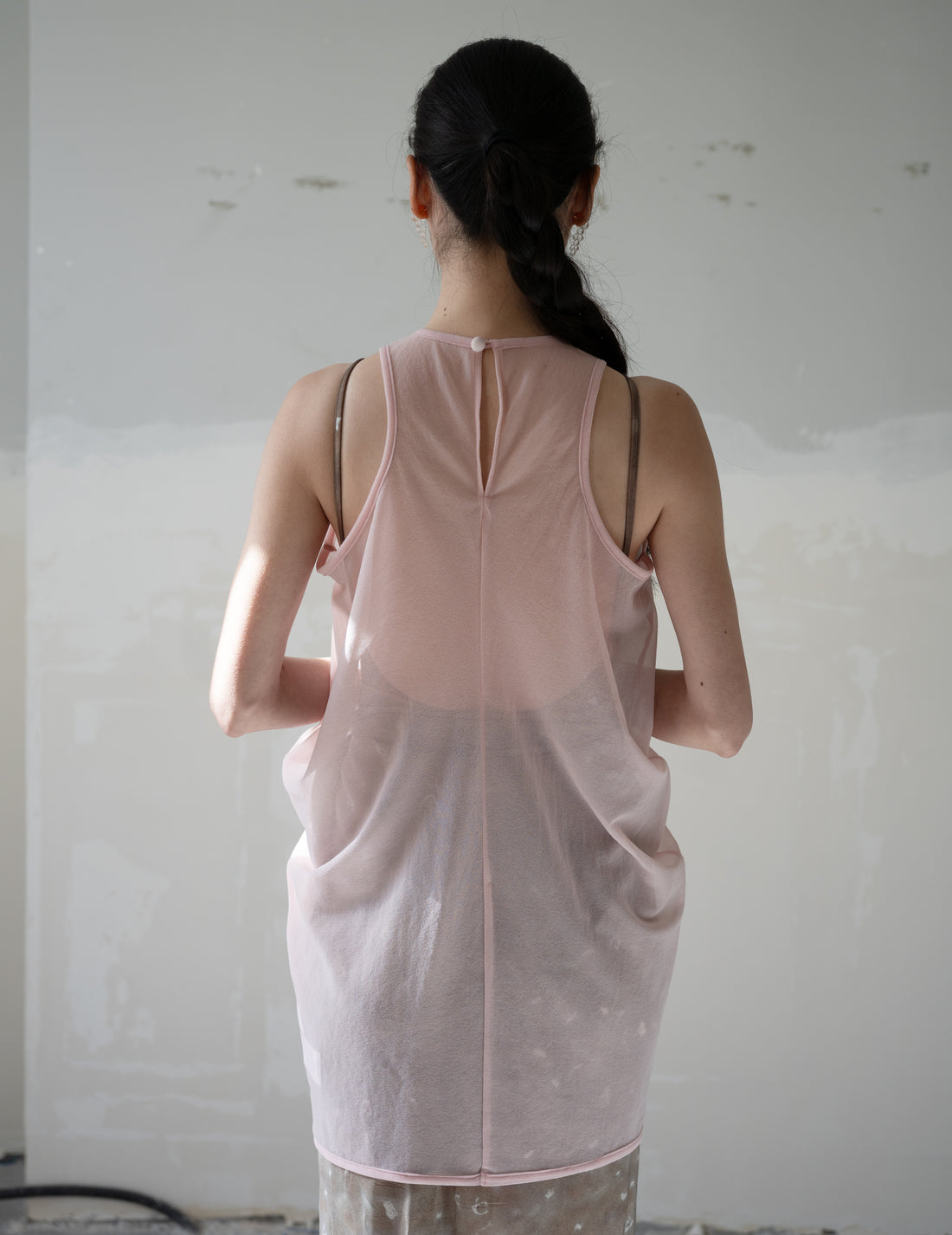 Draped Jersey Sheer Sleeveless Top・Pink