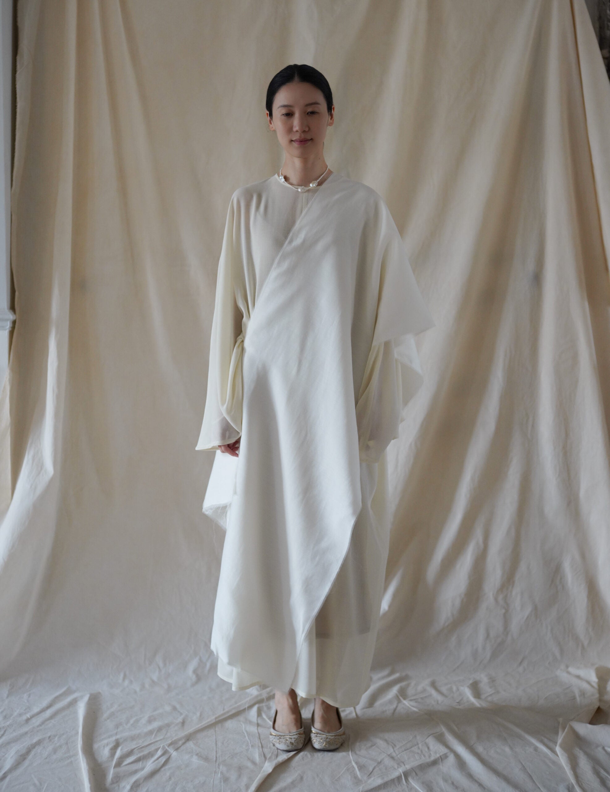 Macha 羊毛真絲混紡長巾・米白色