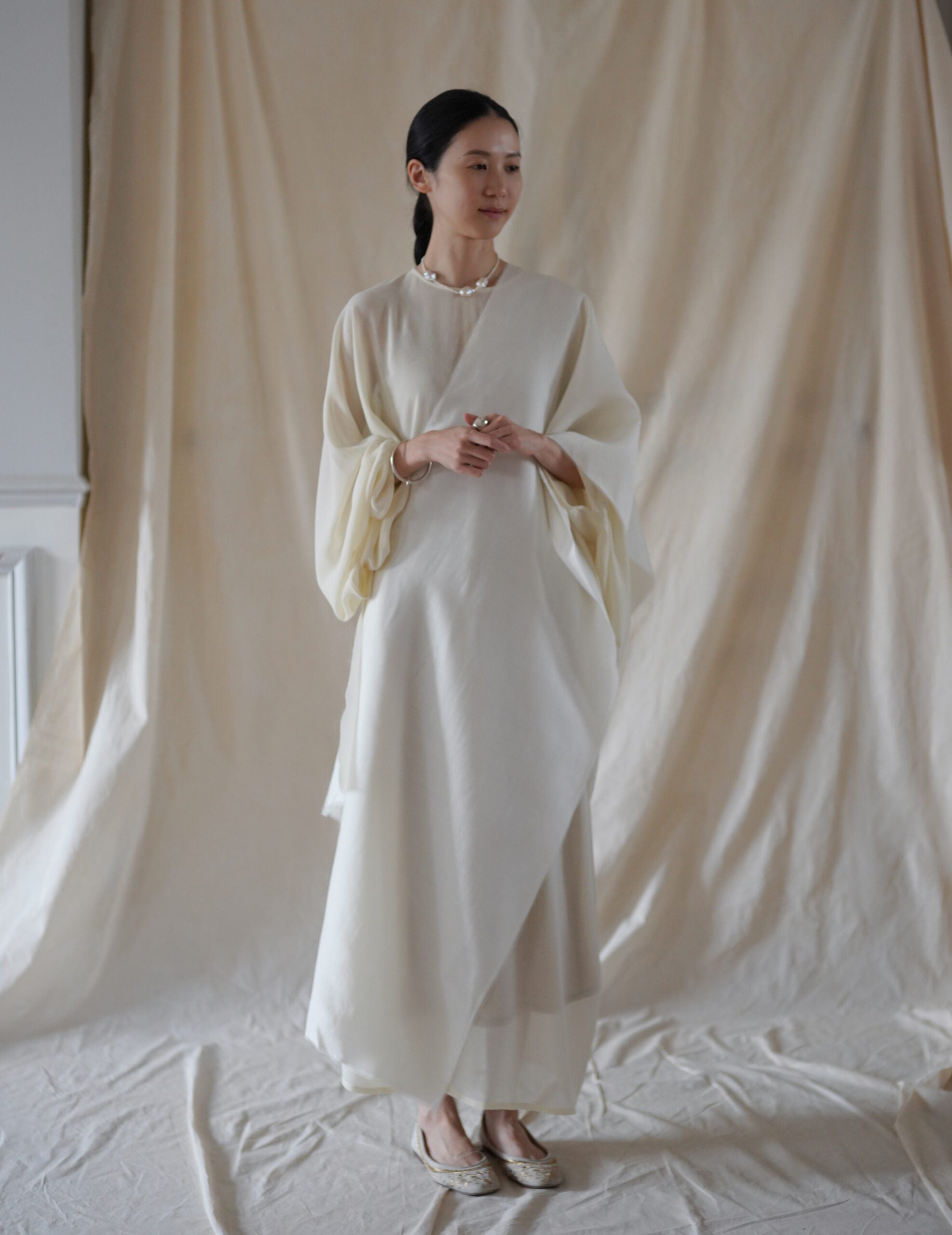 Macha 羊毛真絲混紡長巾・米白色