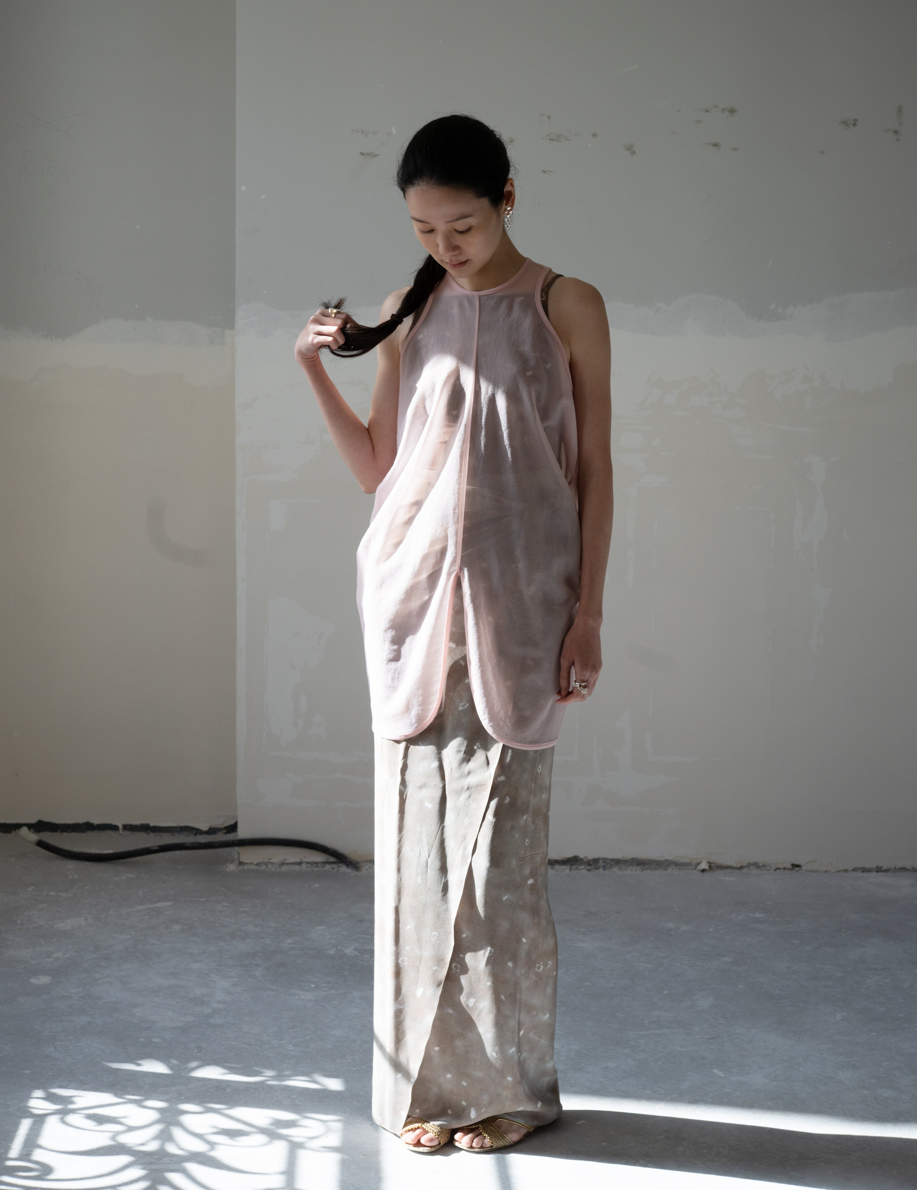 Draped Jersey Sheer Sleeveless Top・Pink