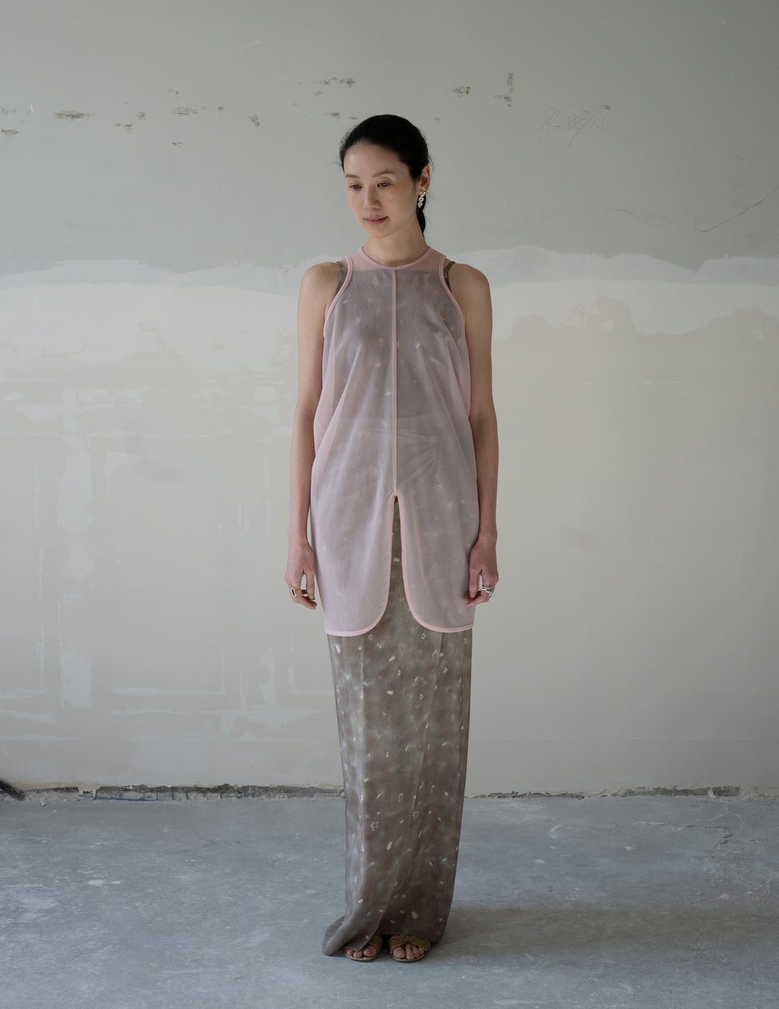 Draped Jersey Sheer Sleeveless Top・Pink