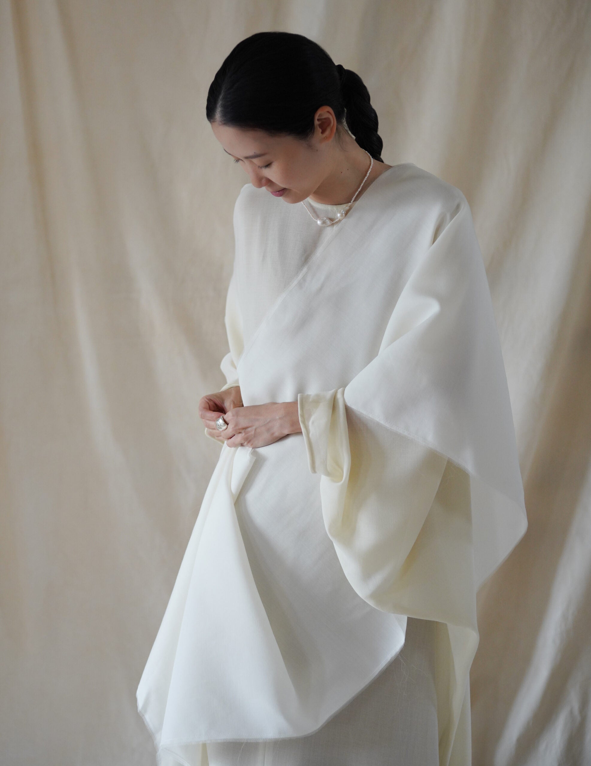 Macha 羊毛真絲混紡長巾・米白色