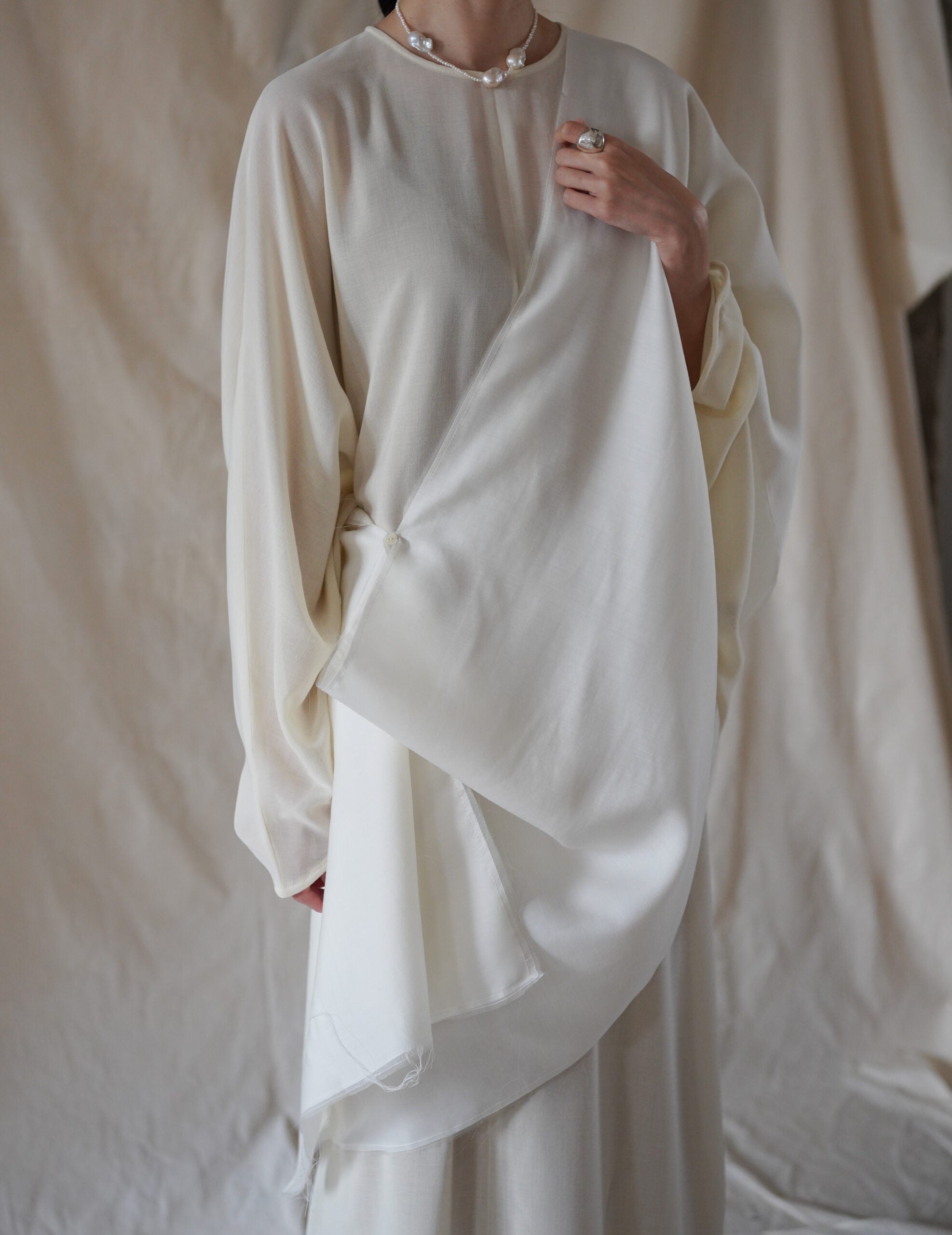 Macha 羊毛真絲混紡長巾・米白色