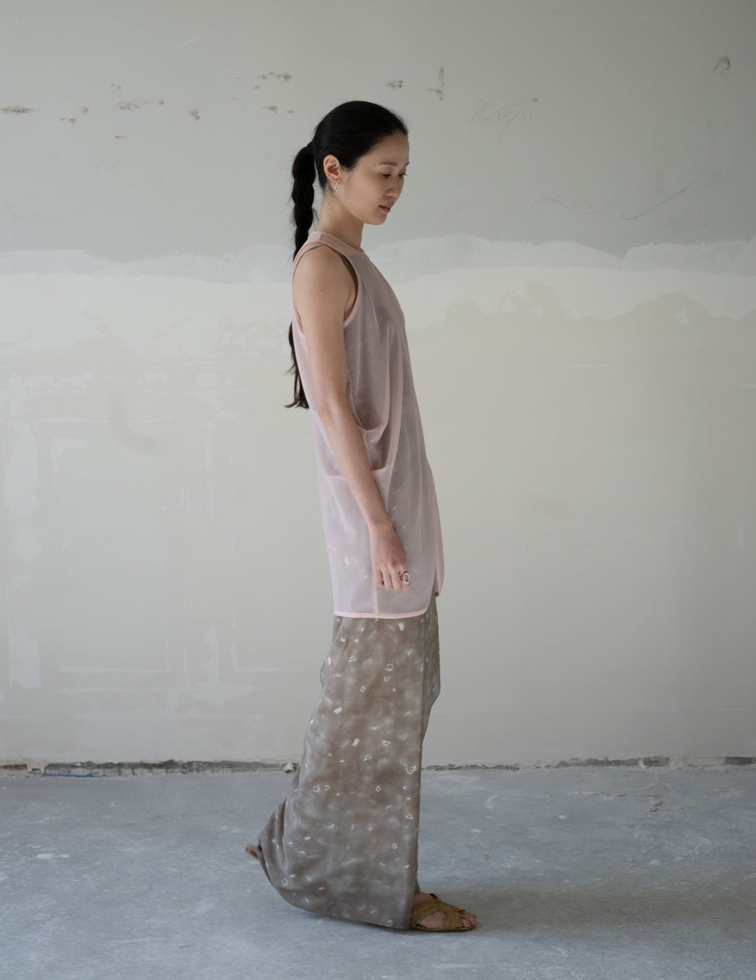 Draped Jersey Sheer Sleeveless Top・Pink