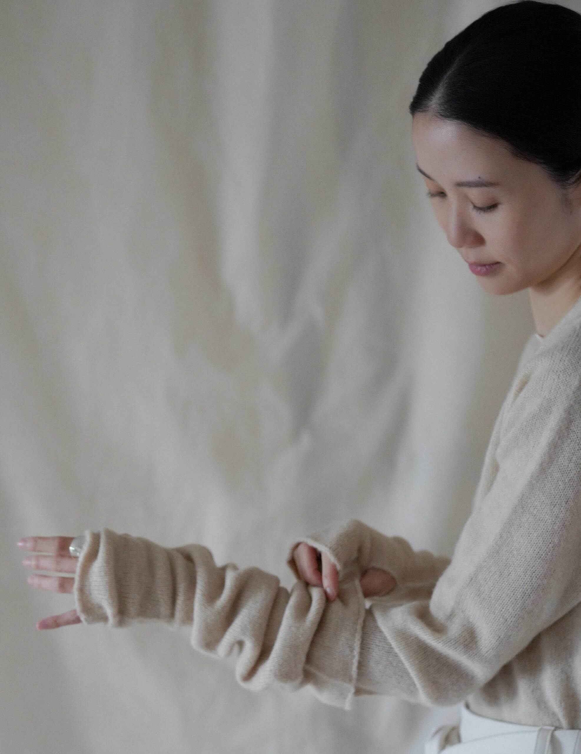 Hana 羊絨蠶絲長手套・象牙白