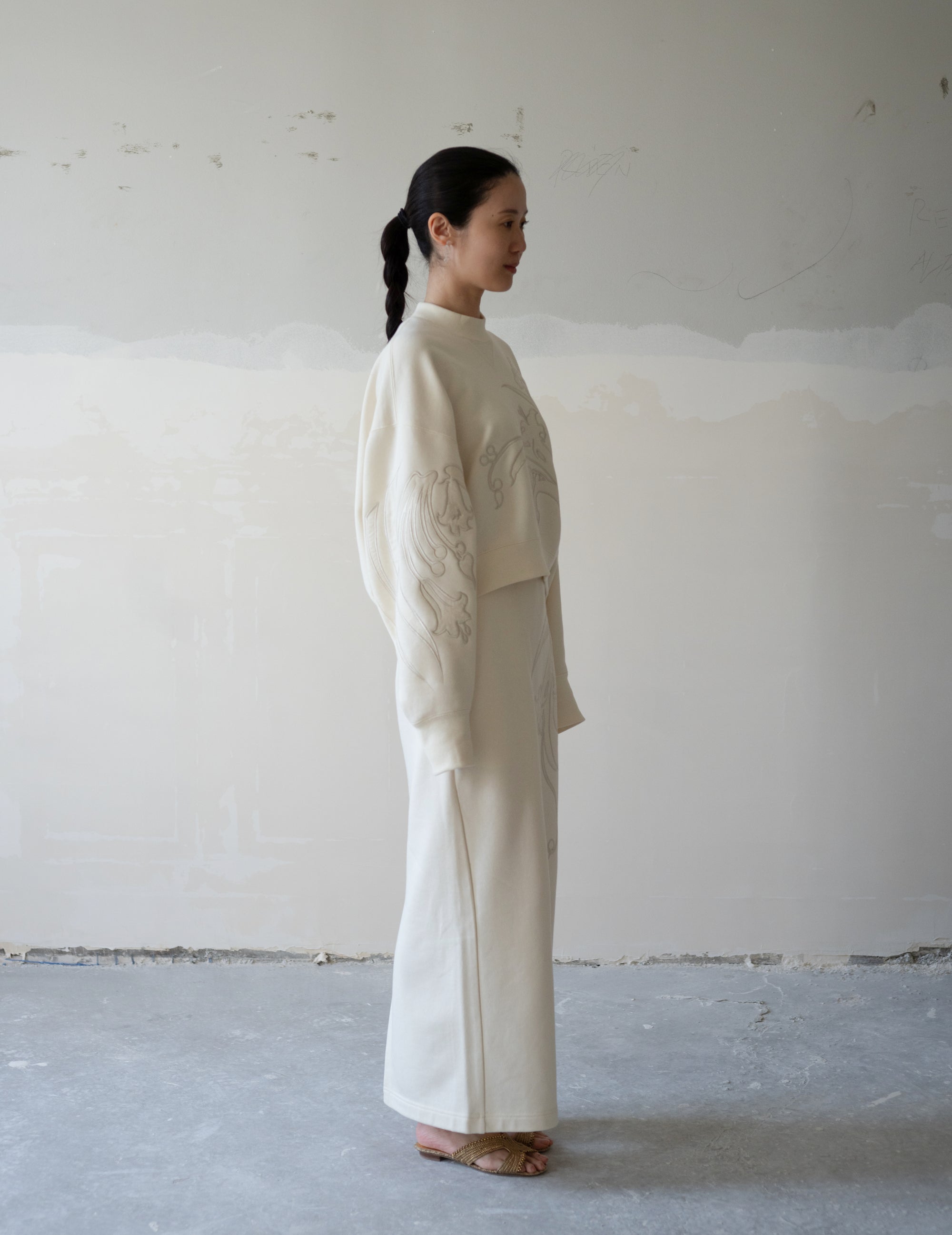 花卉刺繡棉質長裙・米白