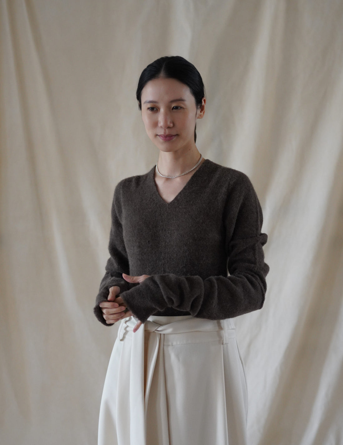 Hana Baby Alpaca Cashmere Silk Long Mittens・Dark Taupe